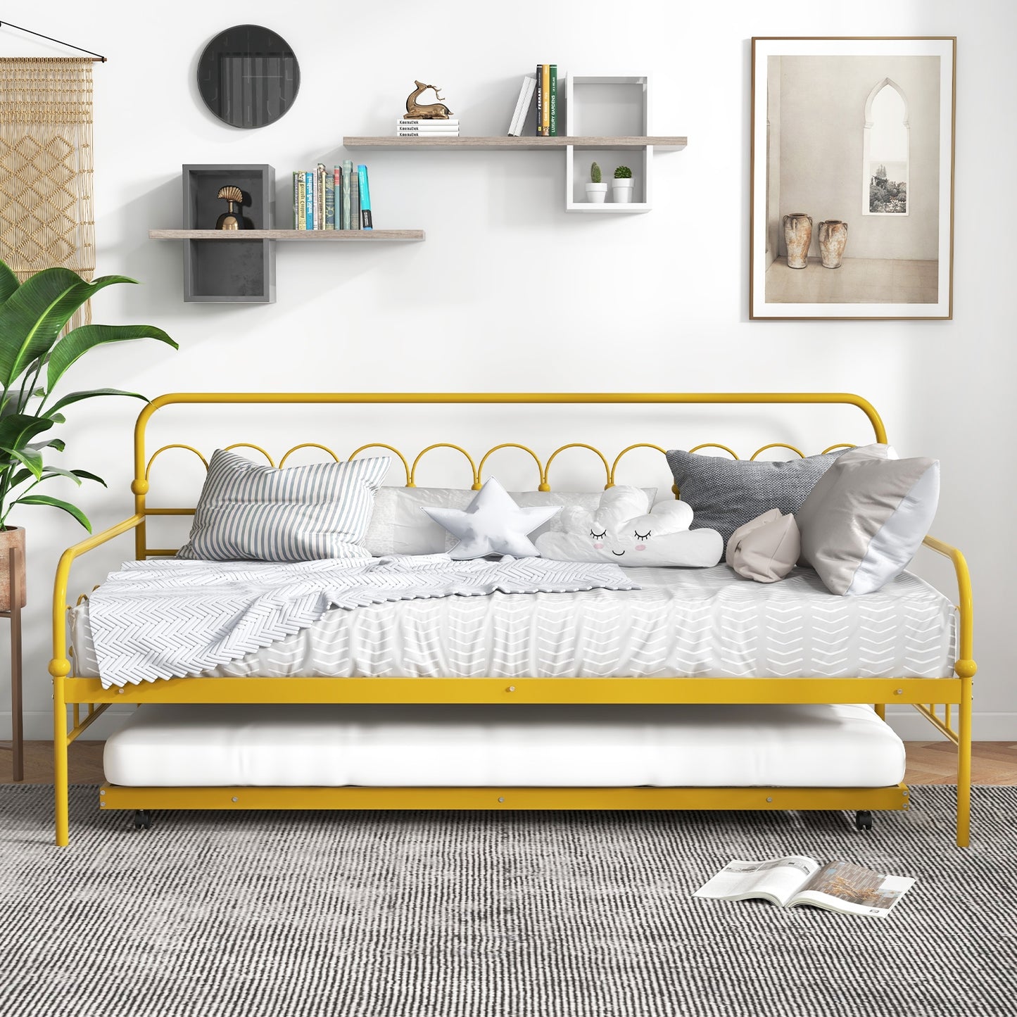 Twin Size Golden Metal Daybed with Trundle and Lockable Wheels-Twin Size Kids Crystal
