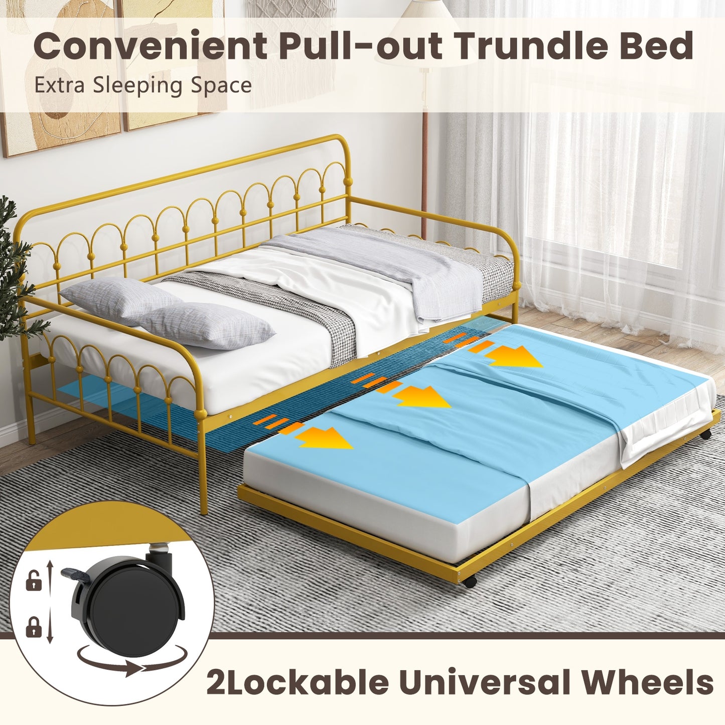 Twin Size Golden Metal Daybed with Trundle and Lockable Wheels-Twin Size Kids Crystal