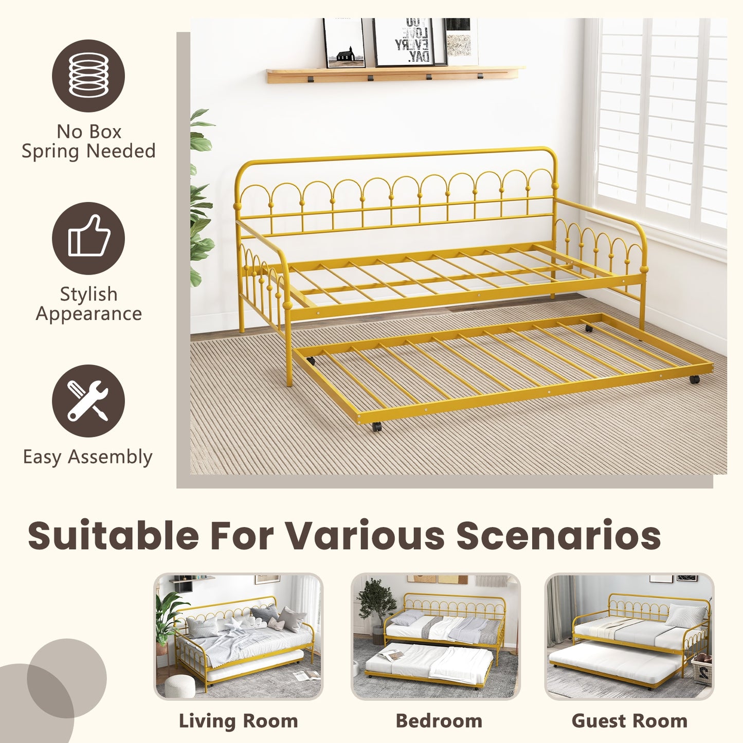 Twin Size Golden Metal Daybed with Trundle and Lockable Wheels-Twin Size Kids Crystal