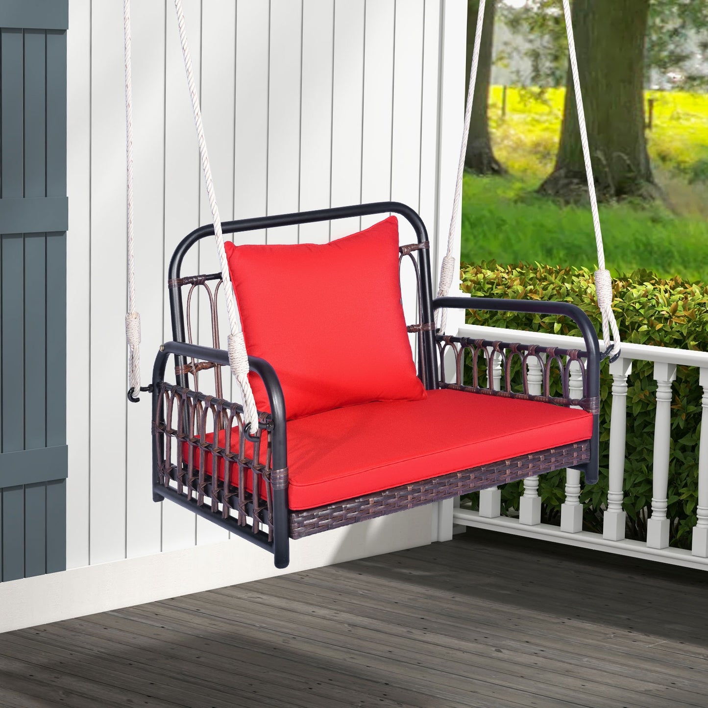 Patio Rattan Porch Swing Hammock Chair with Seat Cushion-Red Kids Crystal