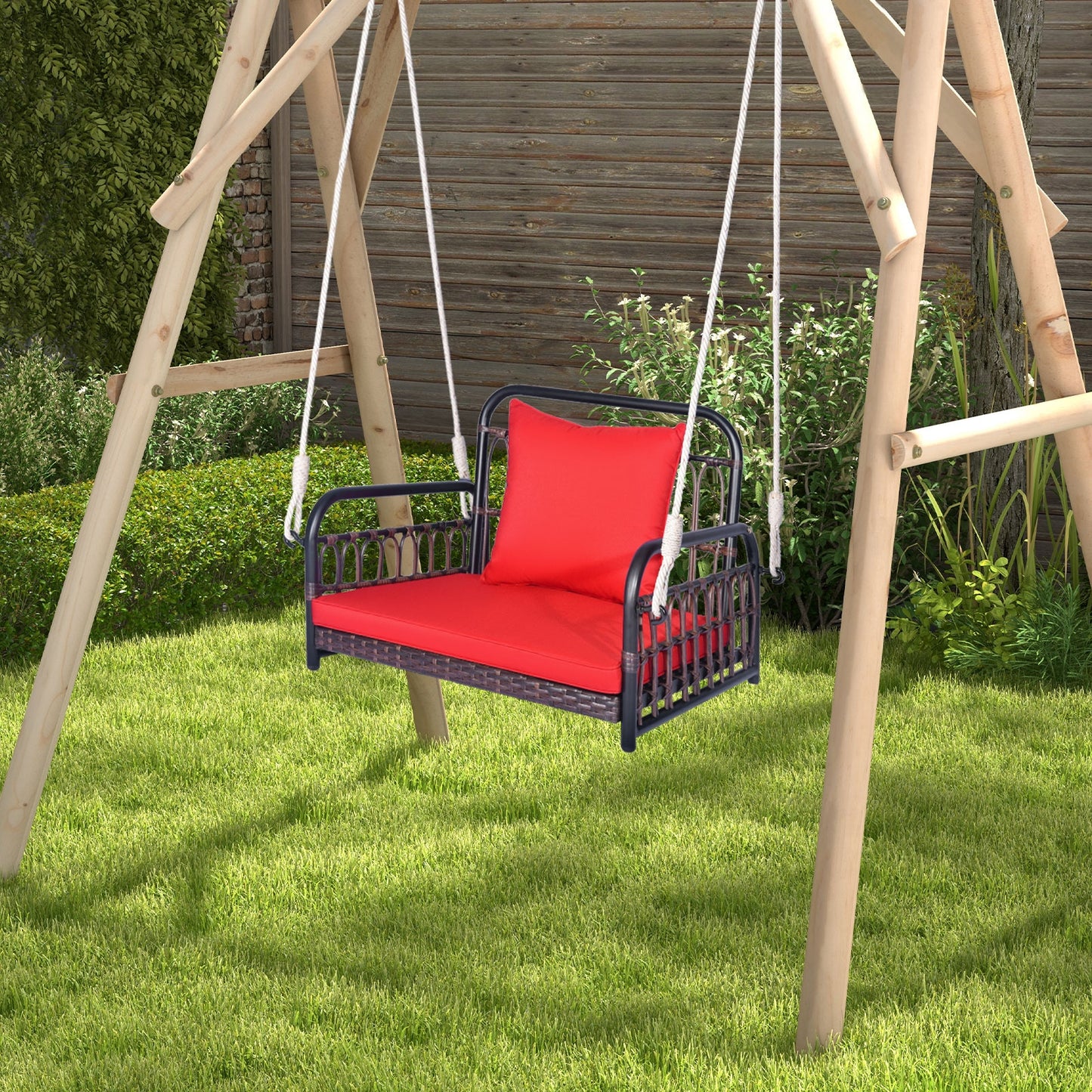 Patio Rattan Porch Swing Hammock Chair with Seat Cushion-Red Kids Crystal