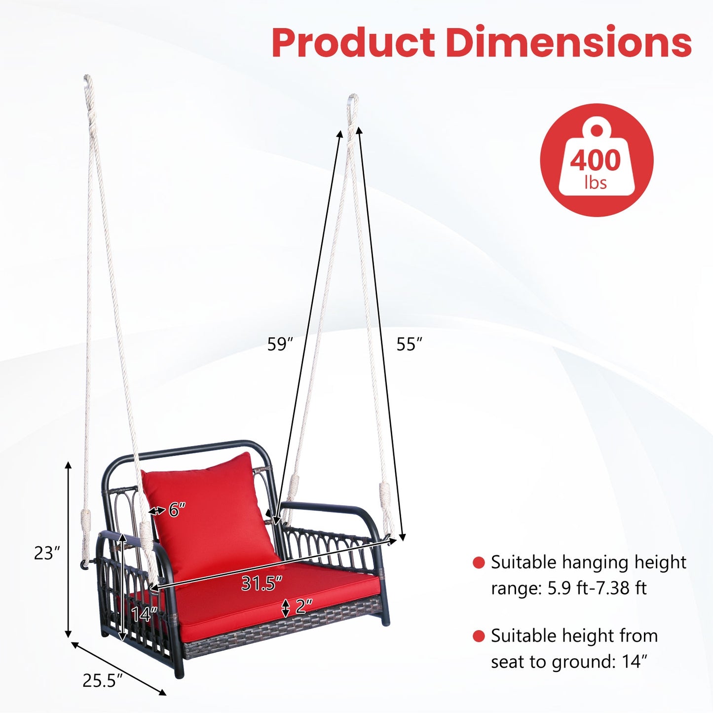 Patio Rattan Porch Swing Hammock Chair with Seat Cushion-Red Kids Crystal