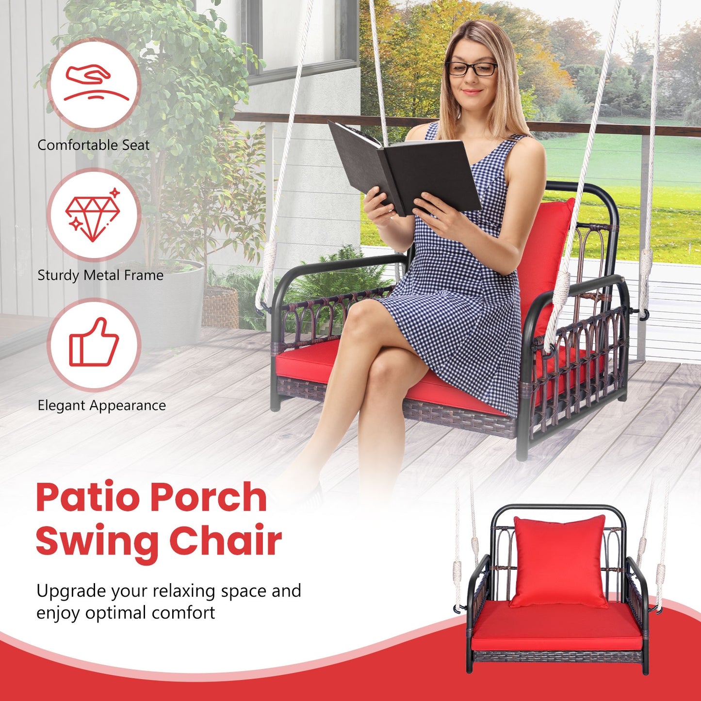 Patio Rattan Porch Swing Hammock Chair with Seat Cushion-Red Kids Crystal