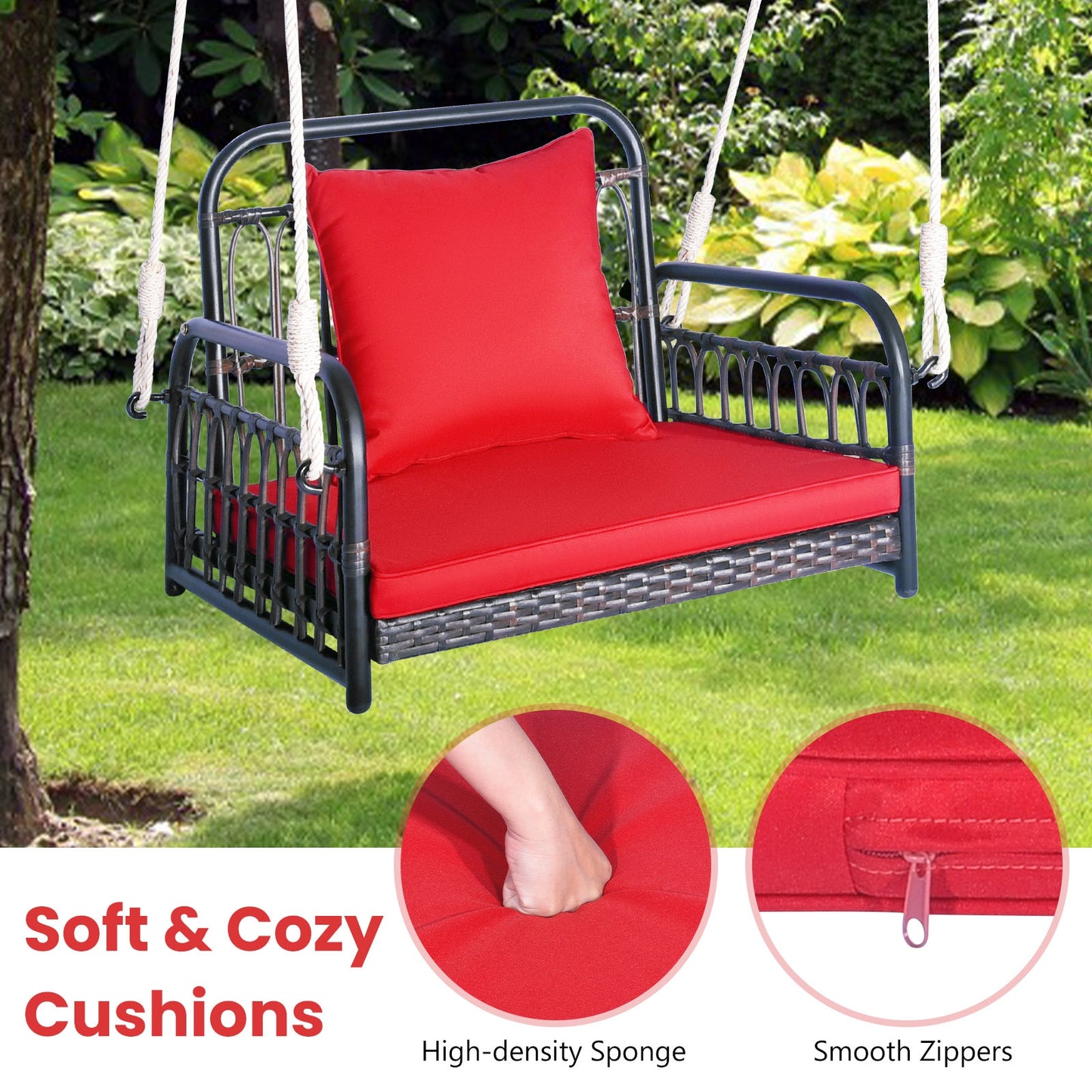 Patio Rattan Porch Swing Hammock Chair with Seat Cushion-Red Kids Crystal