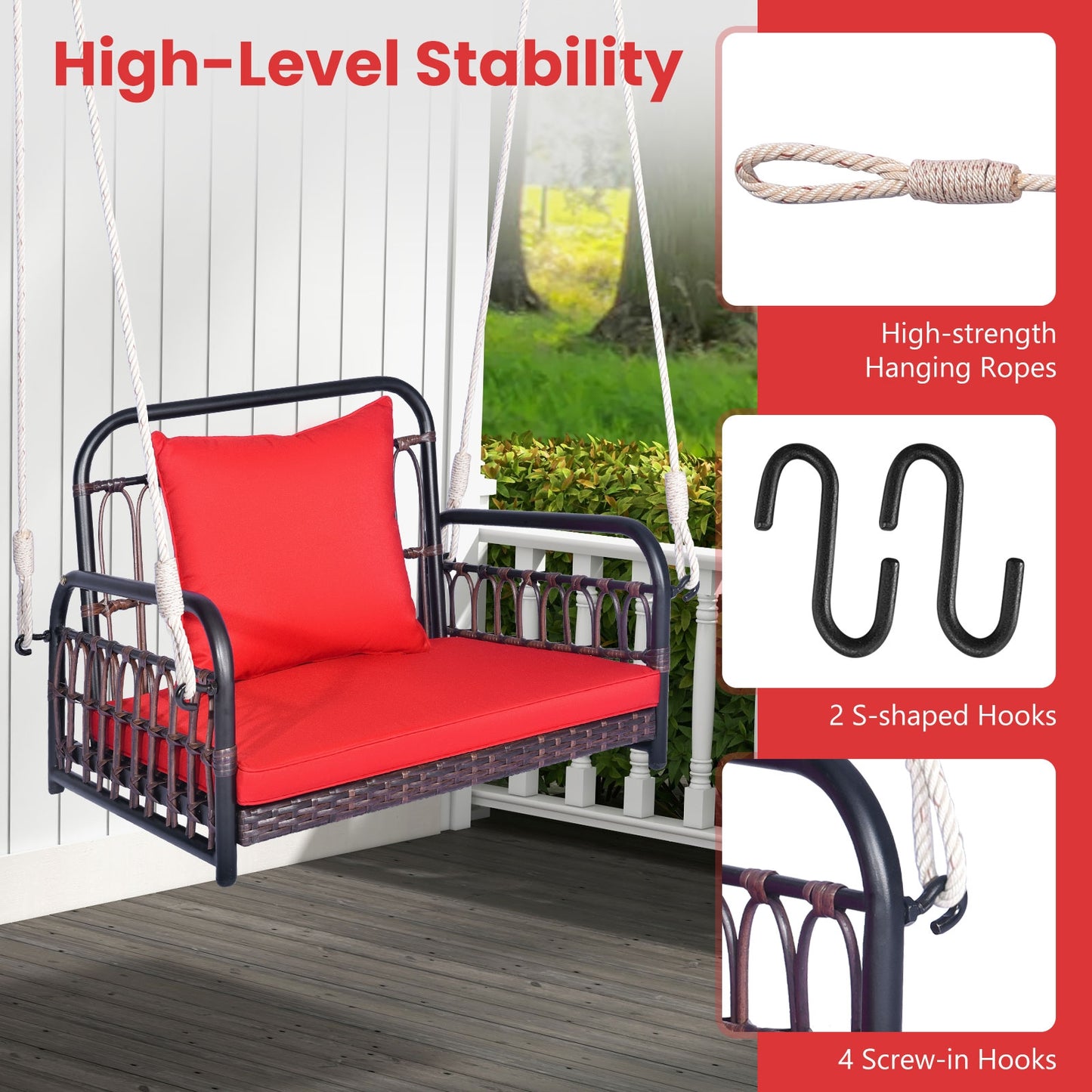 Patio Rattan Porch Swing Hammock Chair with Seat Cushion-Red Kids Crystal