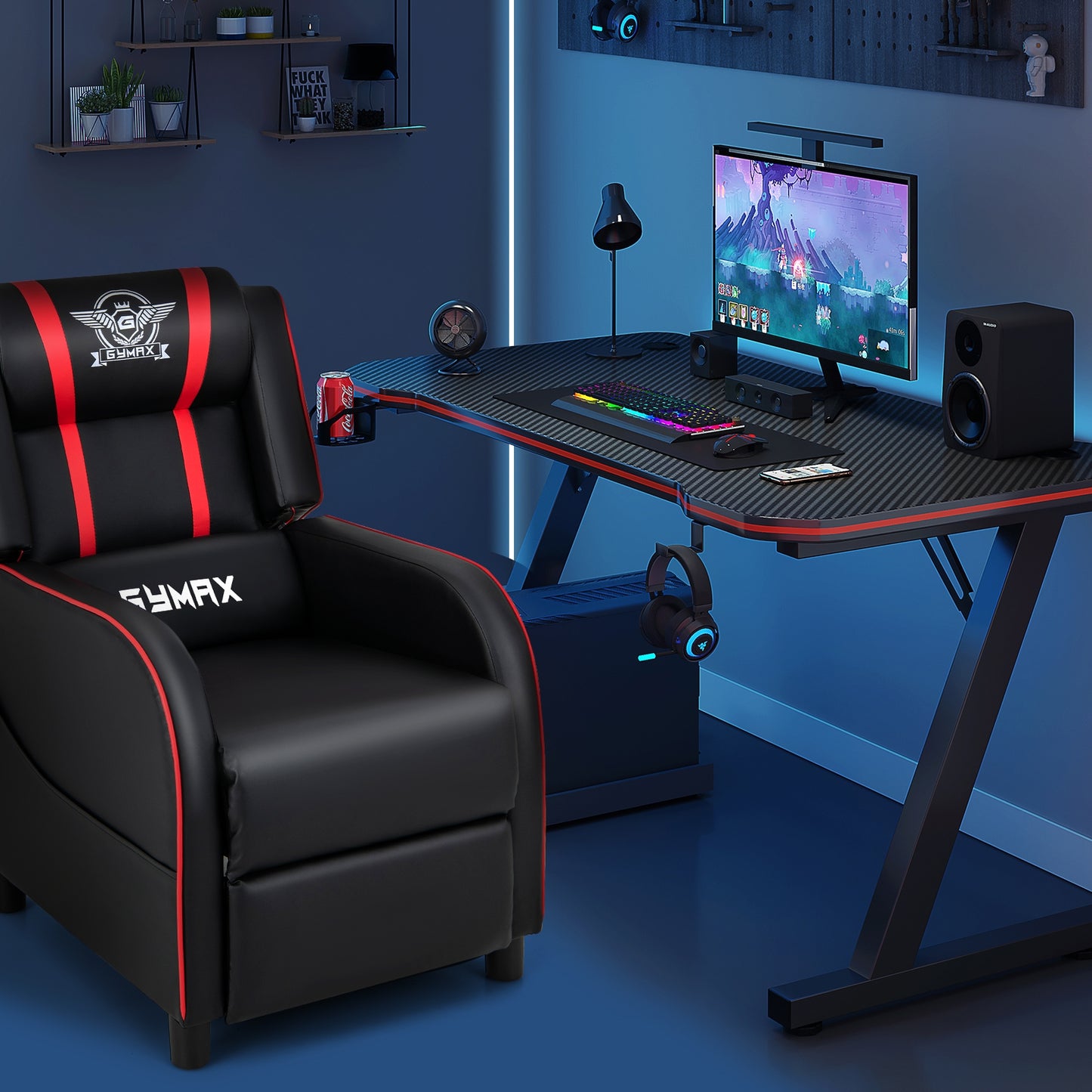 PU Leather Massage Gaming Recliner Chair with Side Pockets-Red Kids Crystal