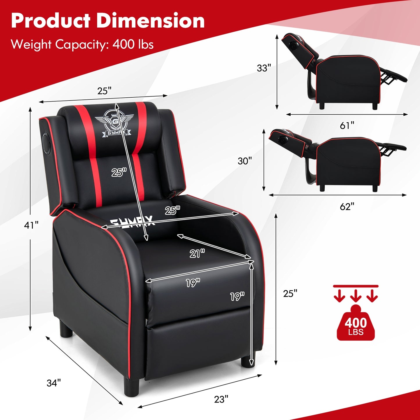 PU Leather Massage Gaming Recliner Chair with Side Pockets-Red Kids Crystal