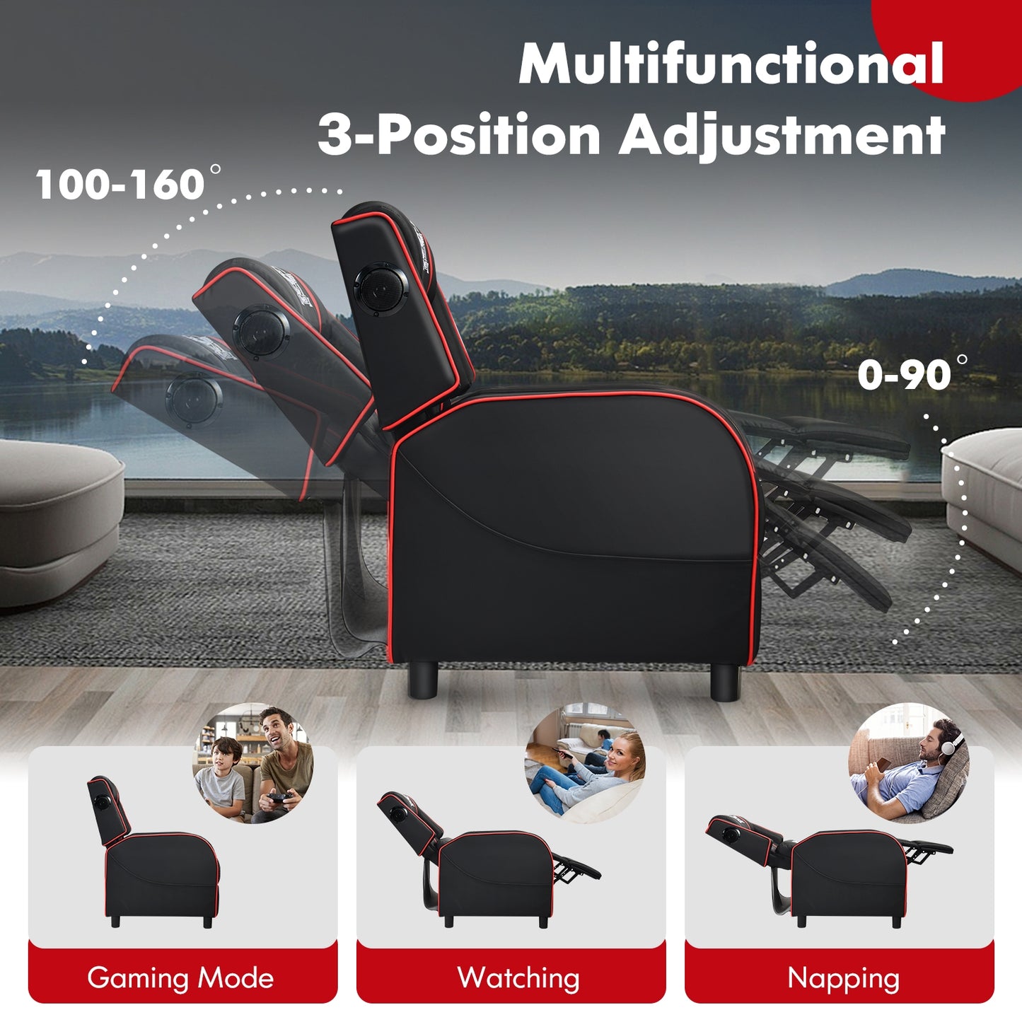 PU Leather Massage Gaming Recliner Chair with Side Pockets-Red Kids Crystal