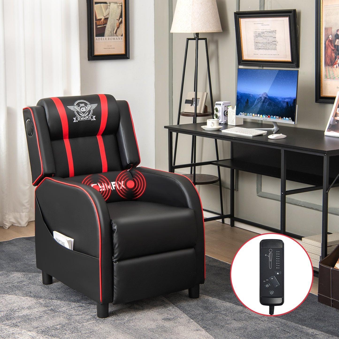 PU Leather Massage Gaming Recliner Chair with Side Pockets-Red Kids Crystal