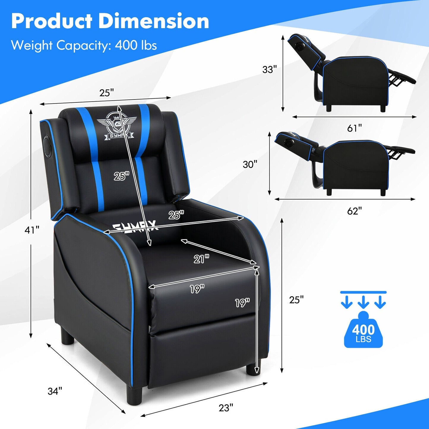 PU Leather Massage Gaming Recliner Chair with Side Pockets-Blue Kids Crystal