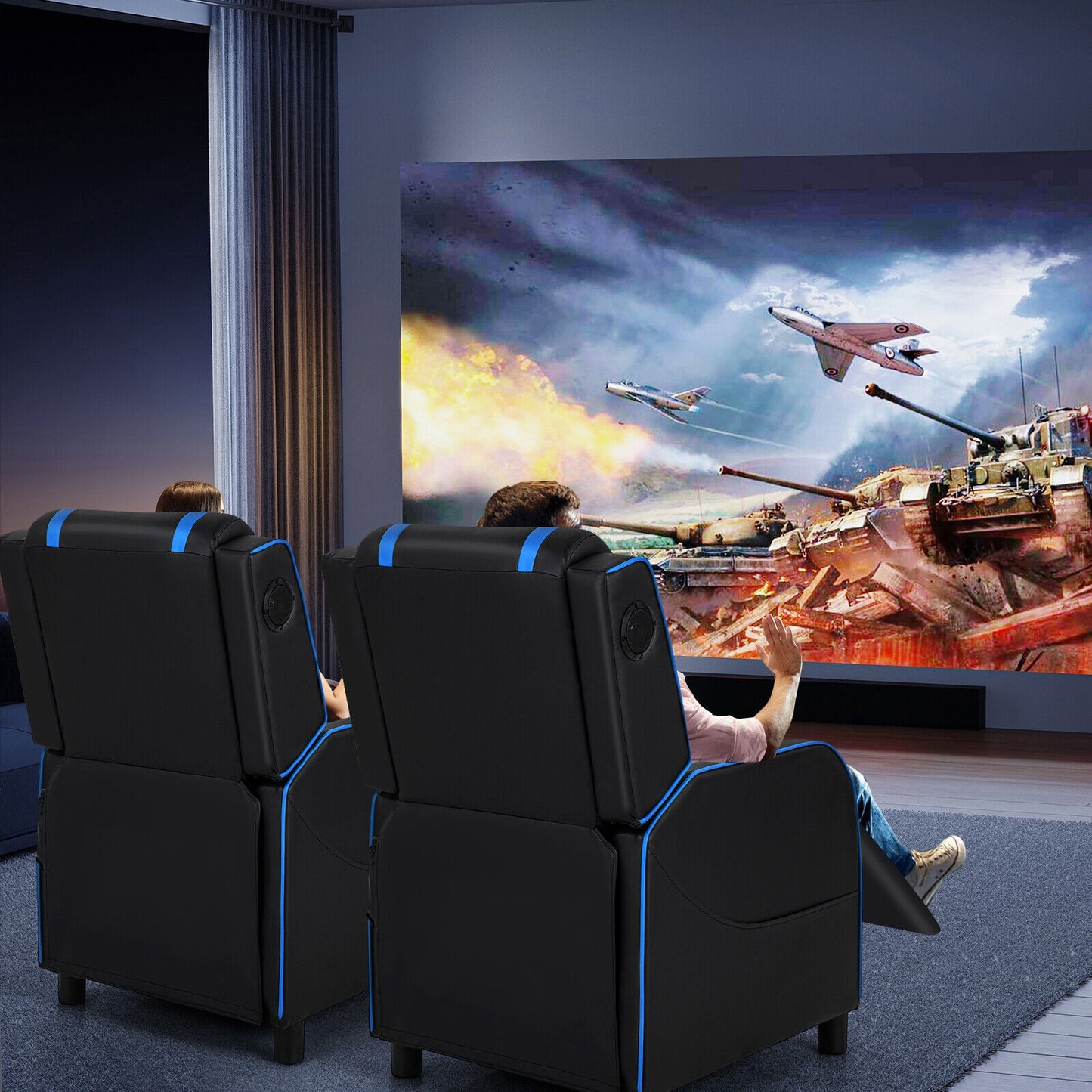 PU Leather Massage Gaming Recliner Chair with Side Pockets-Blue Kids Crystal