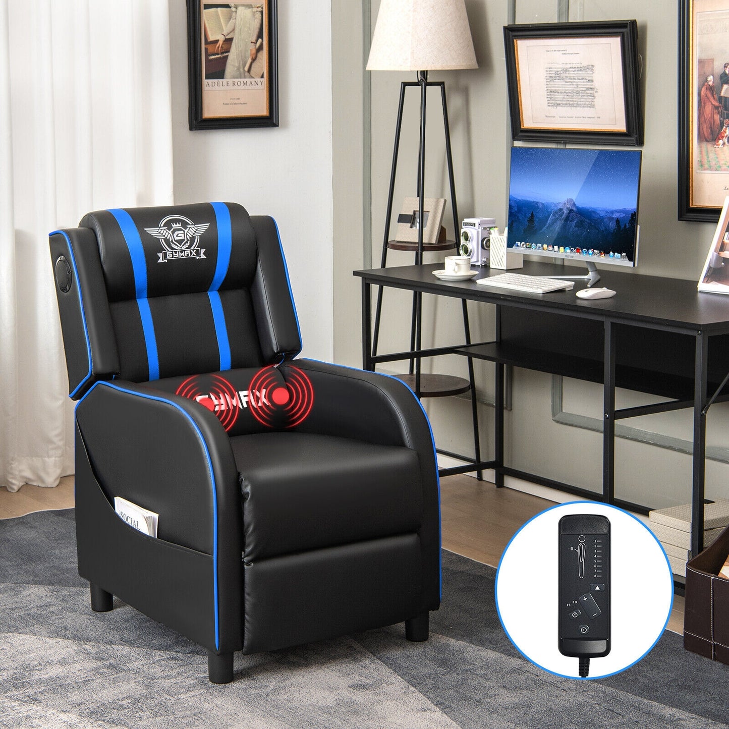 PU Leather Massage Gaming Recliner Chair with Side Pockets-Blue Kids Crystal