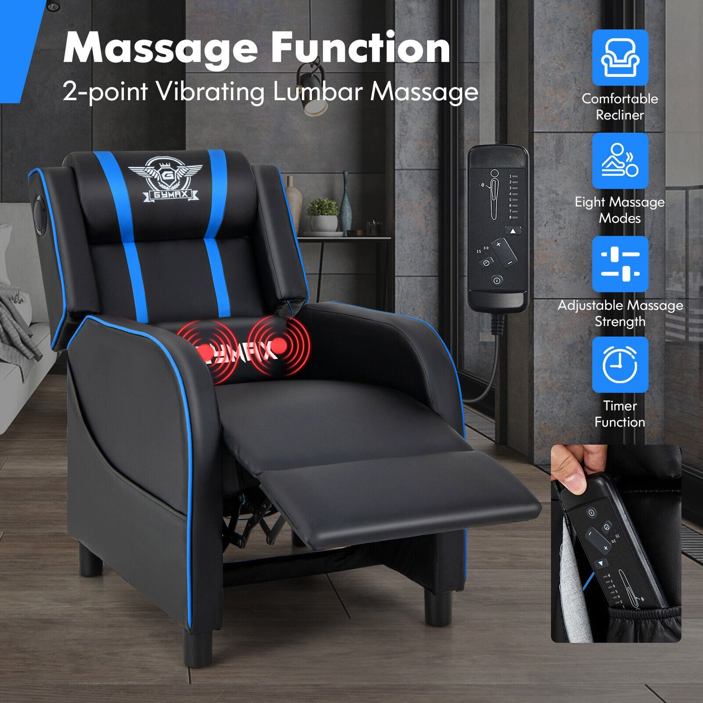 PU Leather Massage Gaming Recliner Chair with Side Pockets-Blue Kids Crystal