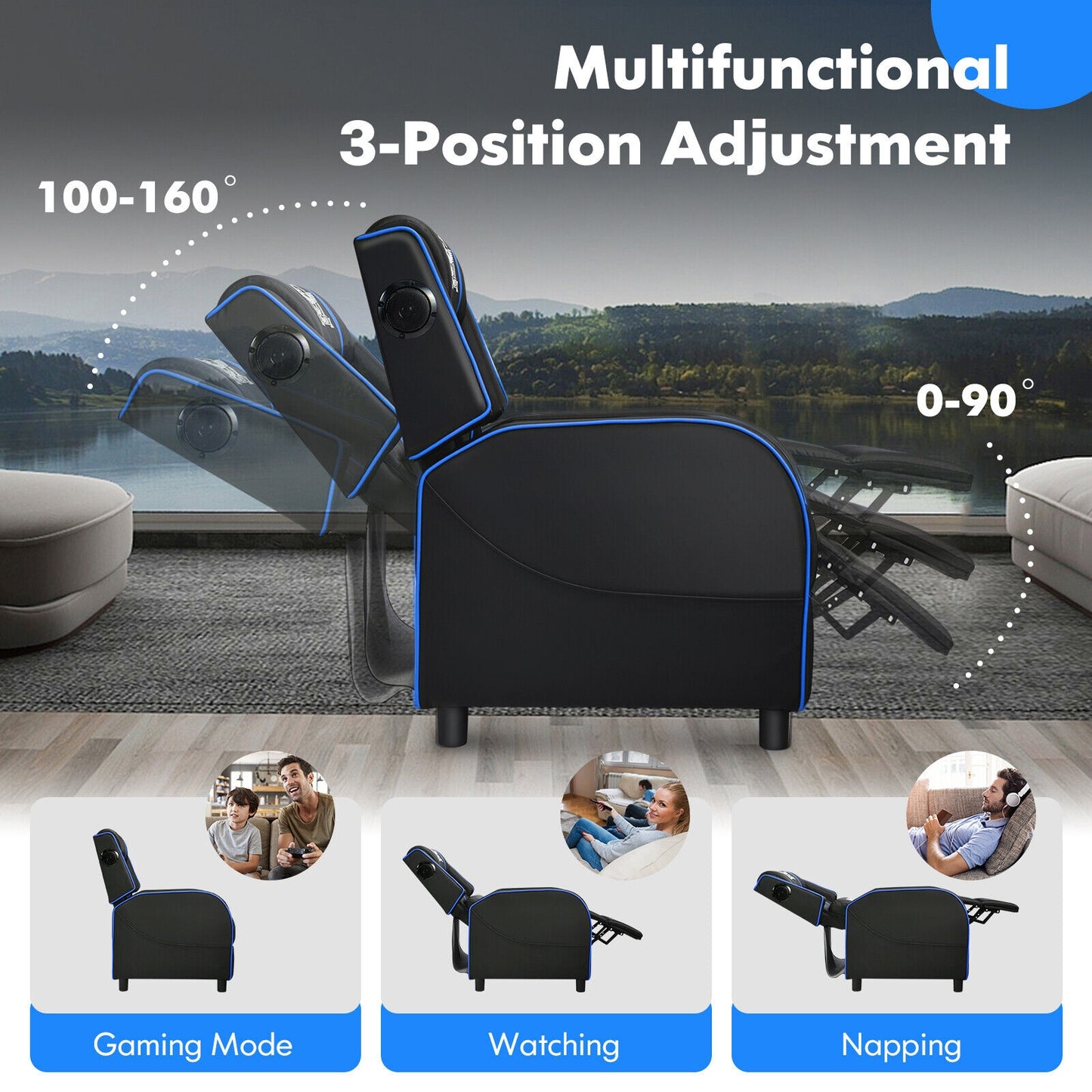 PU Leather Massage Gaming Recliner Chair with Side Pockets-Blue Kids Crystal