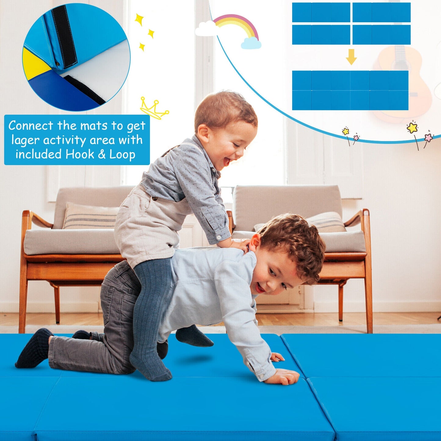 6 x 2 FT Tri-Fold Gym Mat with Handles and Removable Zippered Cover-Blue Kids Crystal