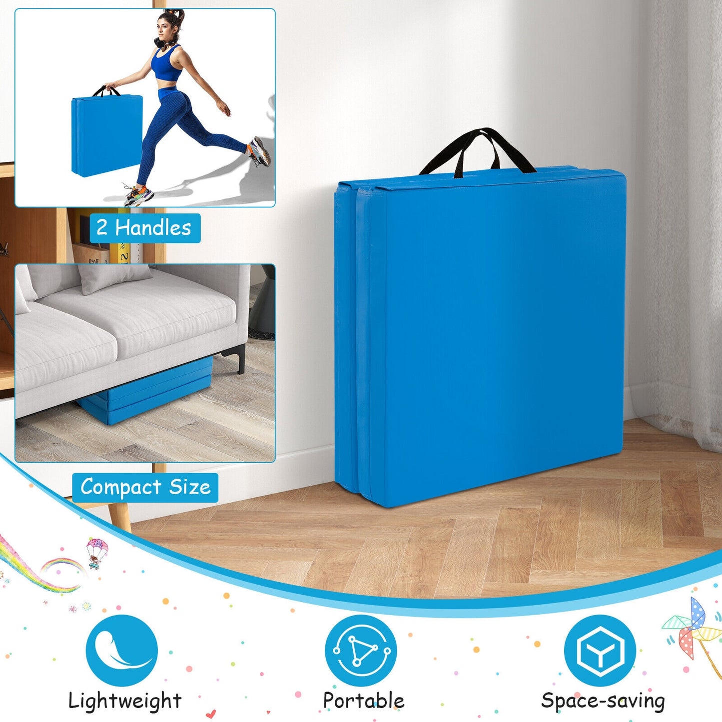 6 x 2 FT Tri-Fold Gym Mat with Handles and Removable Zippered Cover-Blue Kids Crystal