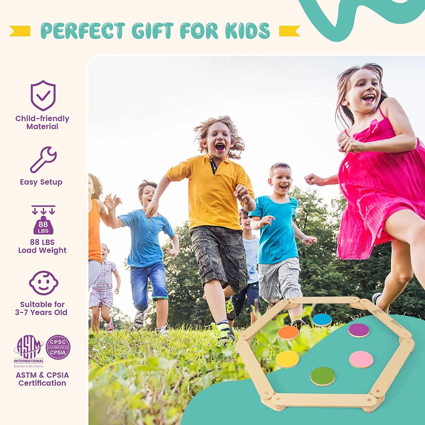 12-Piece Kids Wooden Balance Beam with Colorful Steeping Stones Kids Crystal