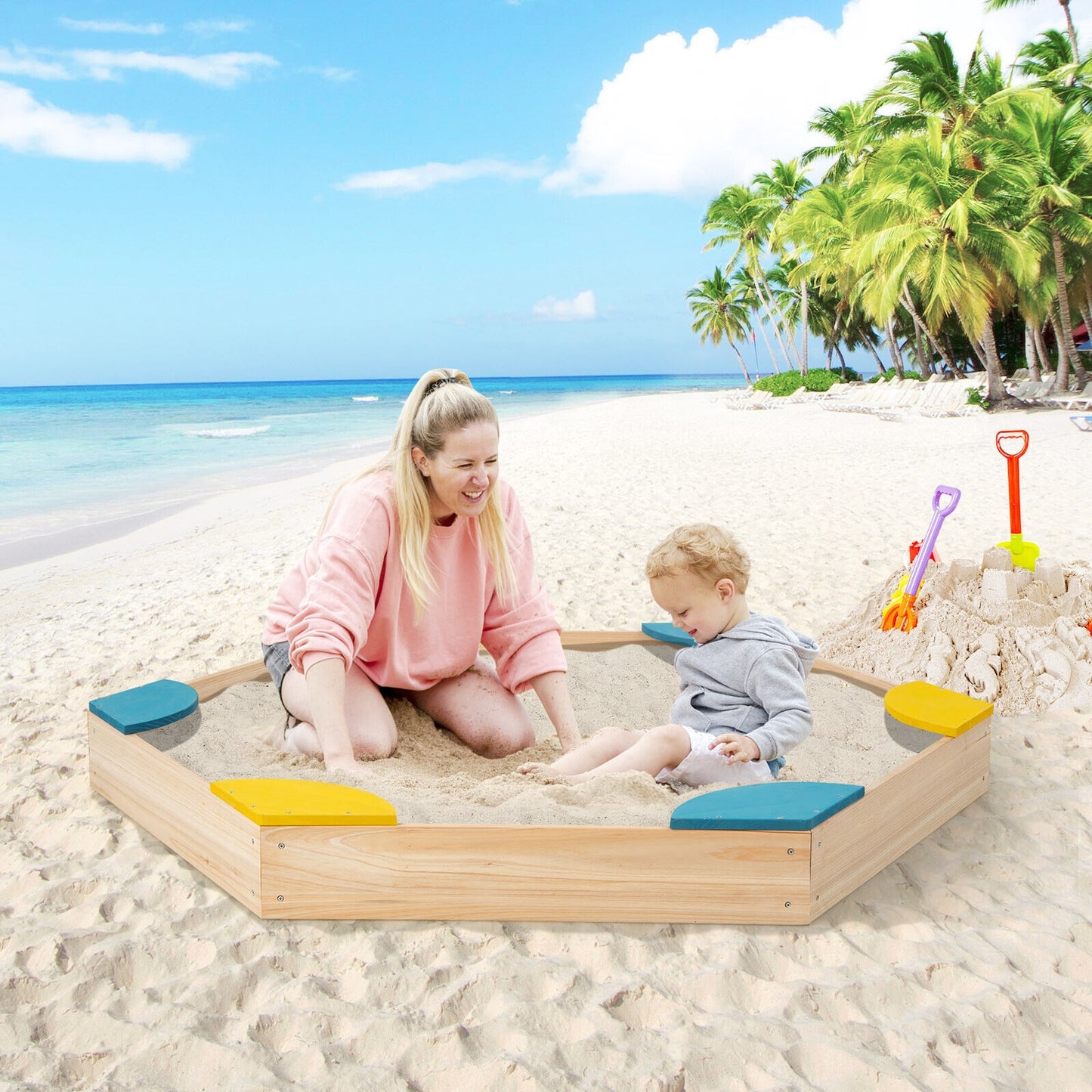 Outdoor Solid Wood Sandbox with 6 Built-in Fan-shaped Seats Kids Crystal