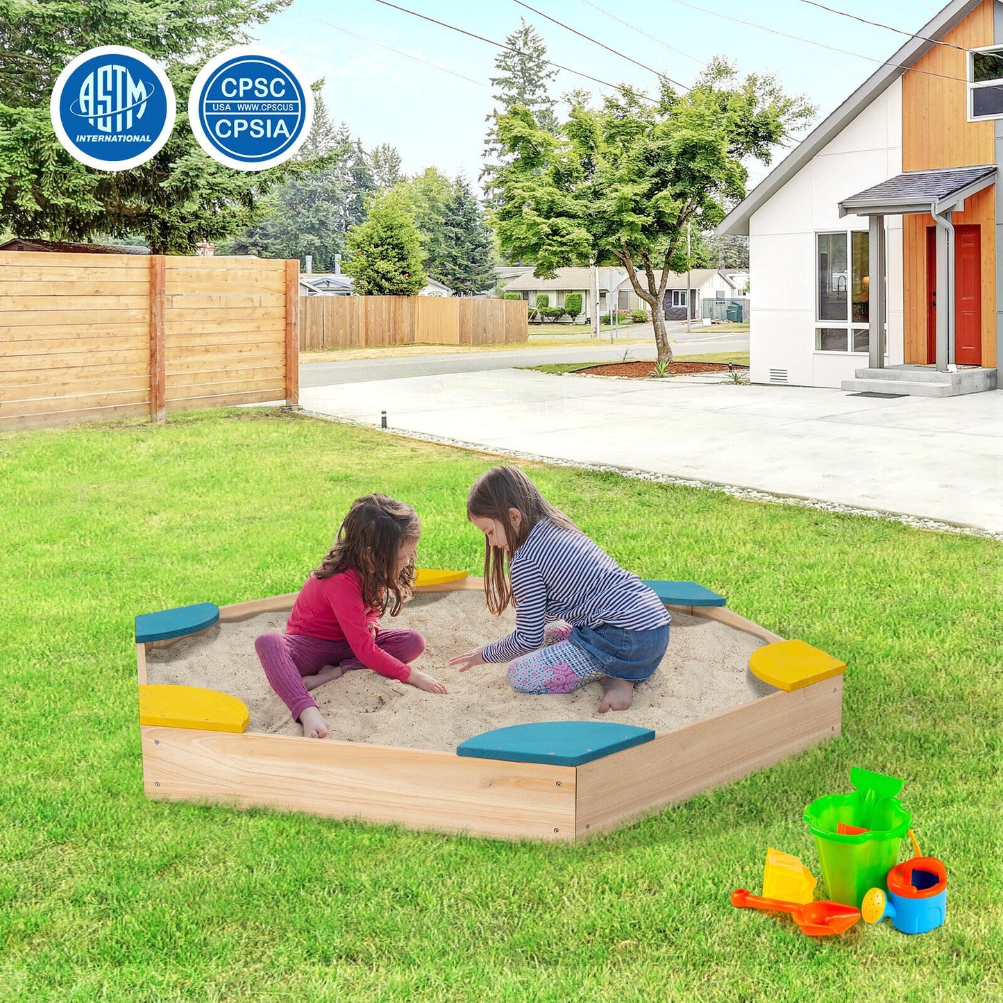 Outdoor Solid Wood Sandbox with 6 Built-in Fan-shaped Seats Kids Crystal