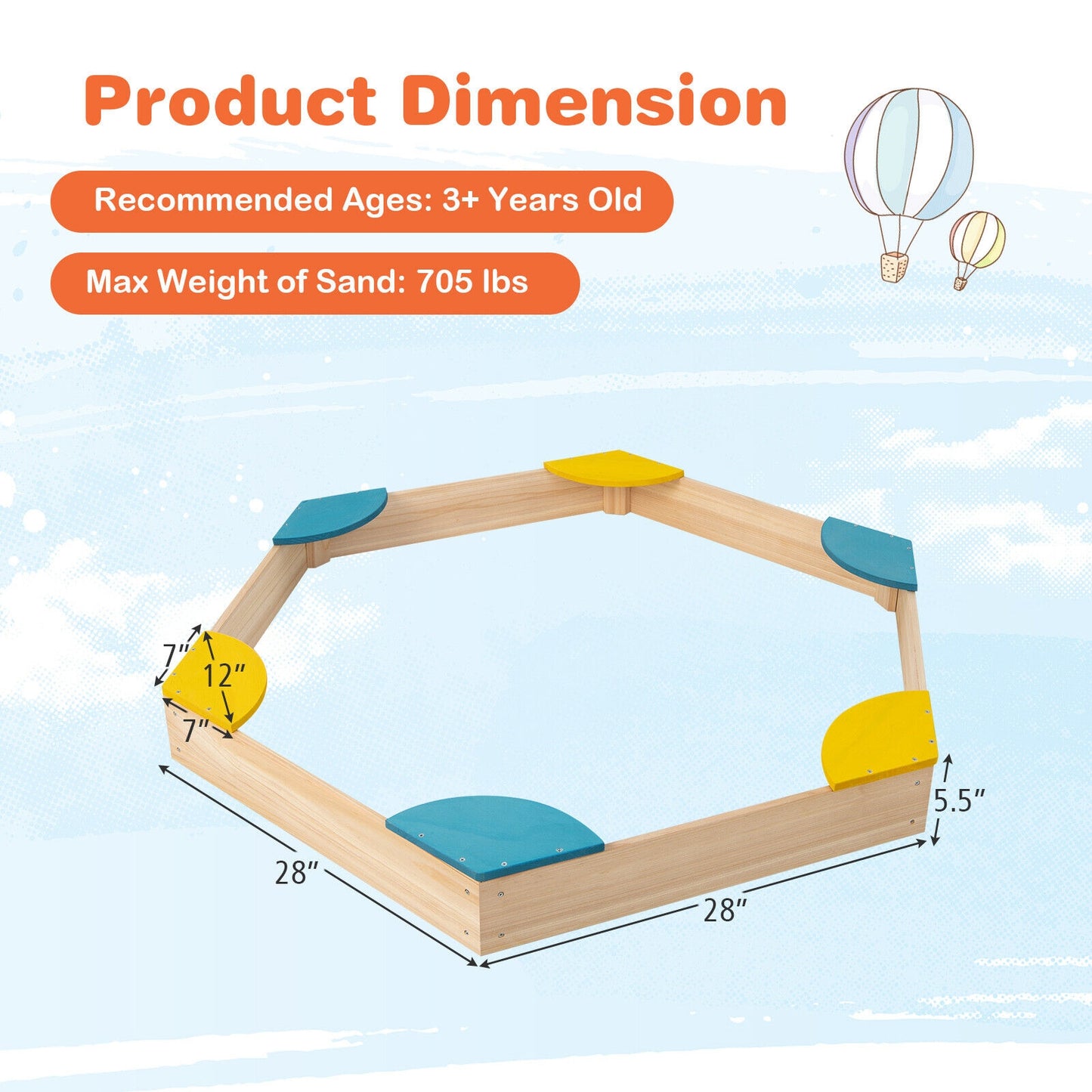 Outdoor Solid Wood Sandbox with 6 Built-in Fan-shaped Seats Kids Crystal