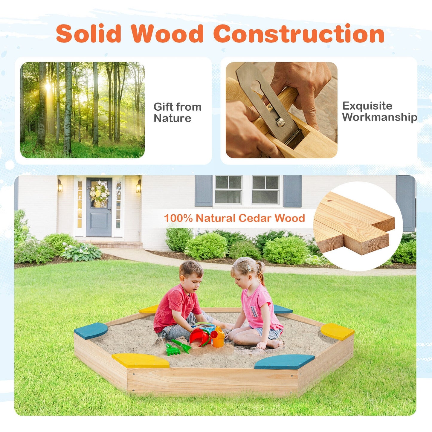 Outdoor Solid Wood Sandbox with 6 Built-in Fan-shaped Seats Kids Crystal