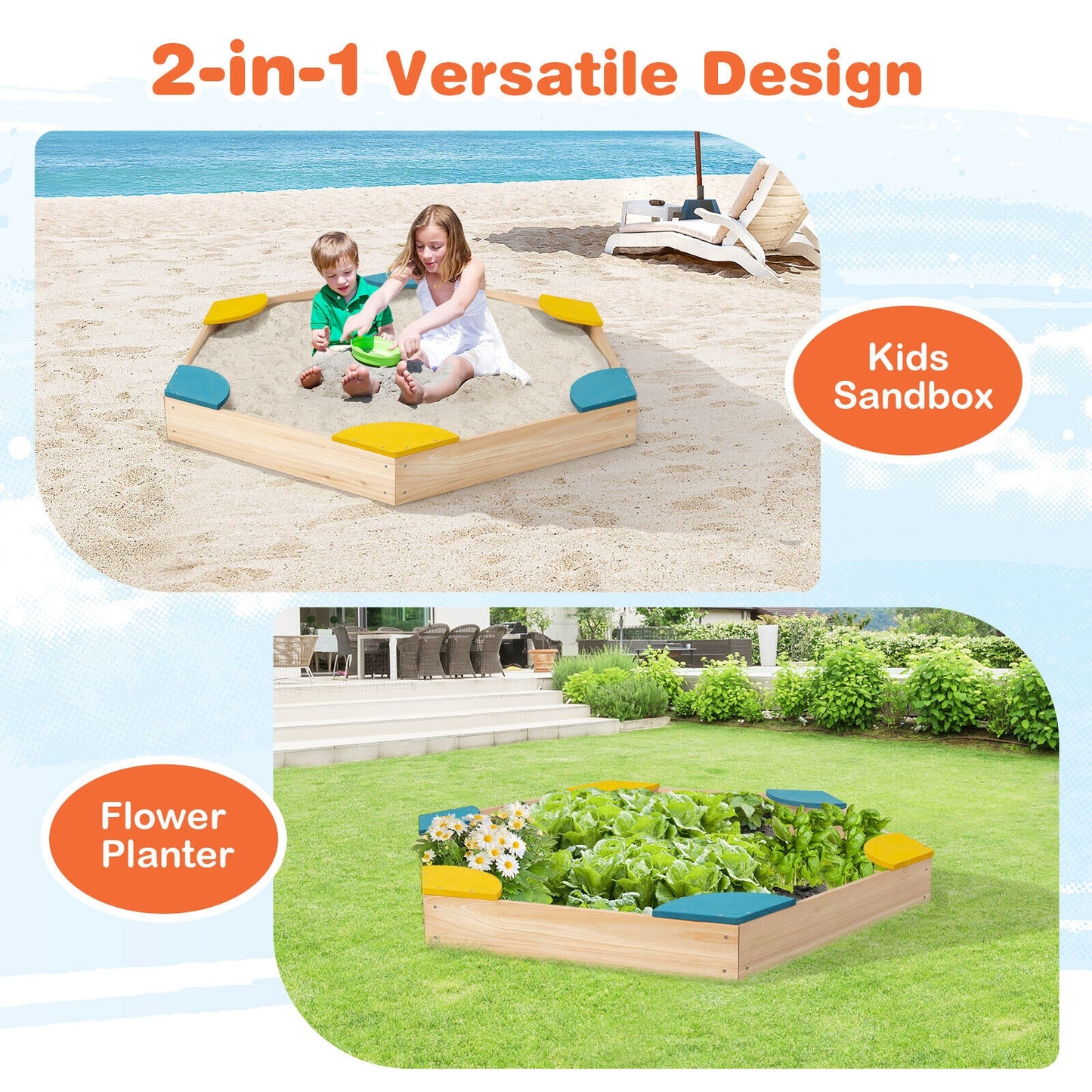 Outdoor Solid Wood Sandbox with 6 Built-in Fan-shaped Seats Kids Crystal