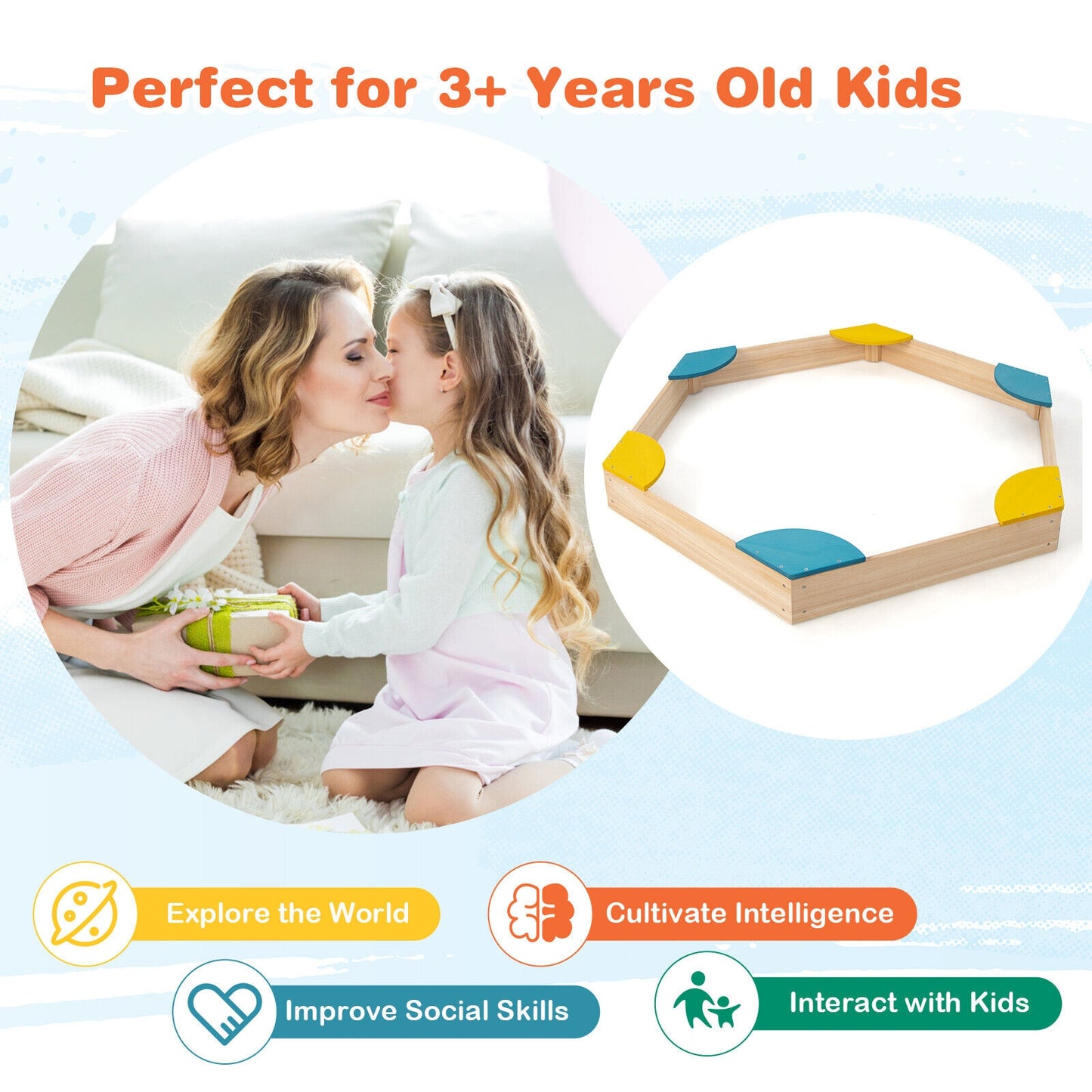 Outdoor Solid Wood Sandbox with 6 Built-in Fan-shaped Seats Kids Crystal