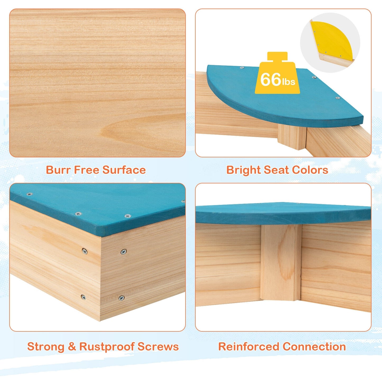 Outdoor Solid Wood Sandbox with 6 Built-in Fan-shaped Seats Kids Crystal