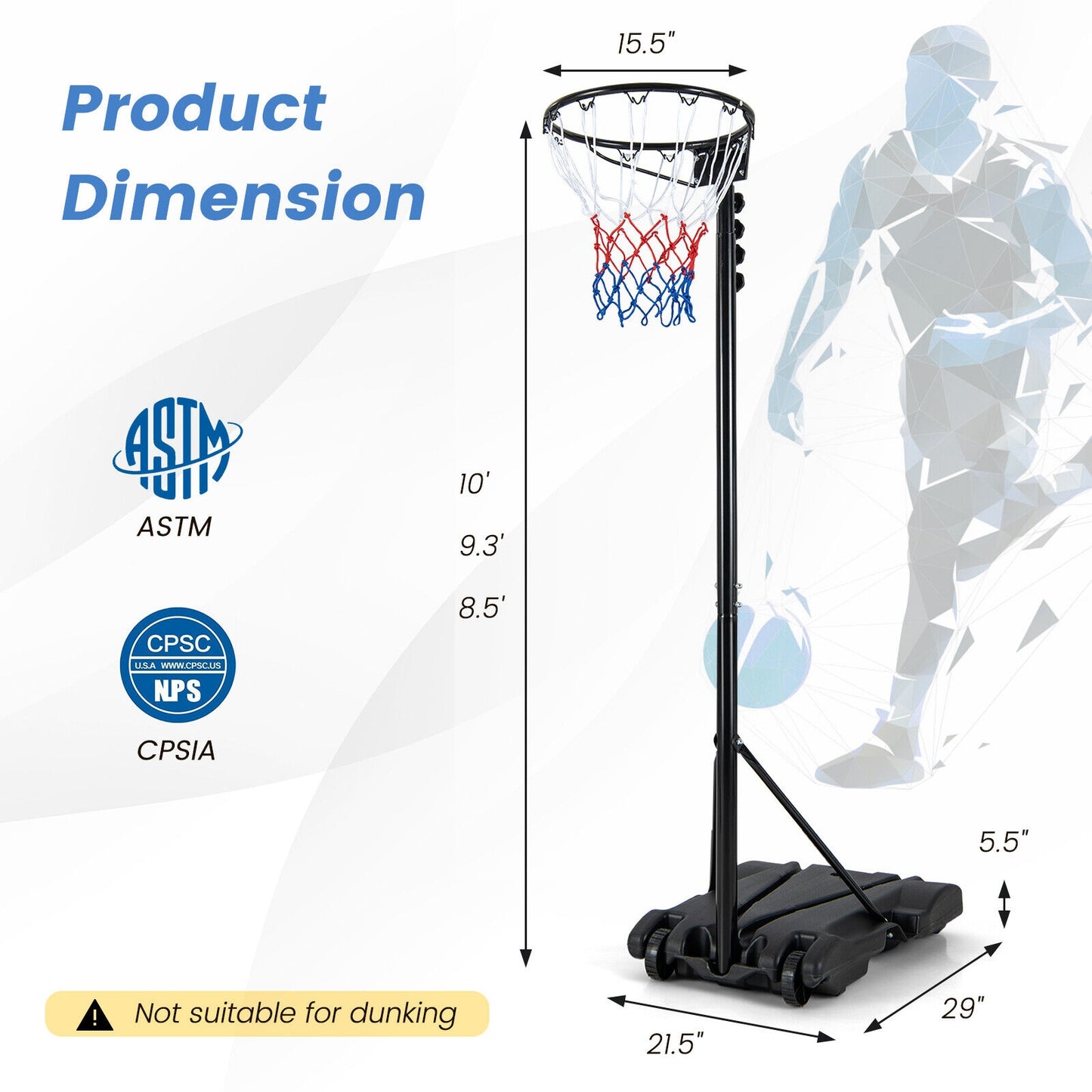8.5 to 10 FT Adjustable Portable Basketball Hoop Stand with Fillable Base and 2 Wheels Kids Crystal