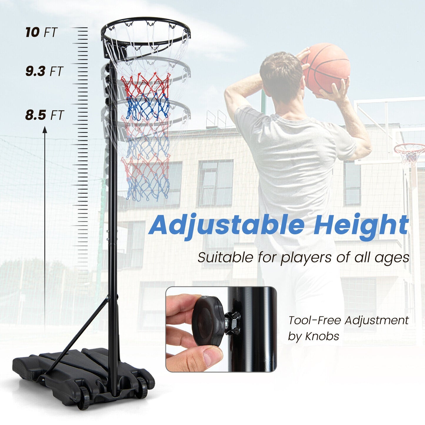 8.5 to 10 FT Adjustable Portable Basketball Hoop Stand with Fillable Base and 2 Wheels Kids Crystal