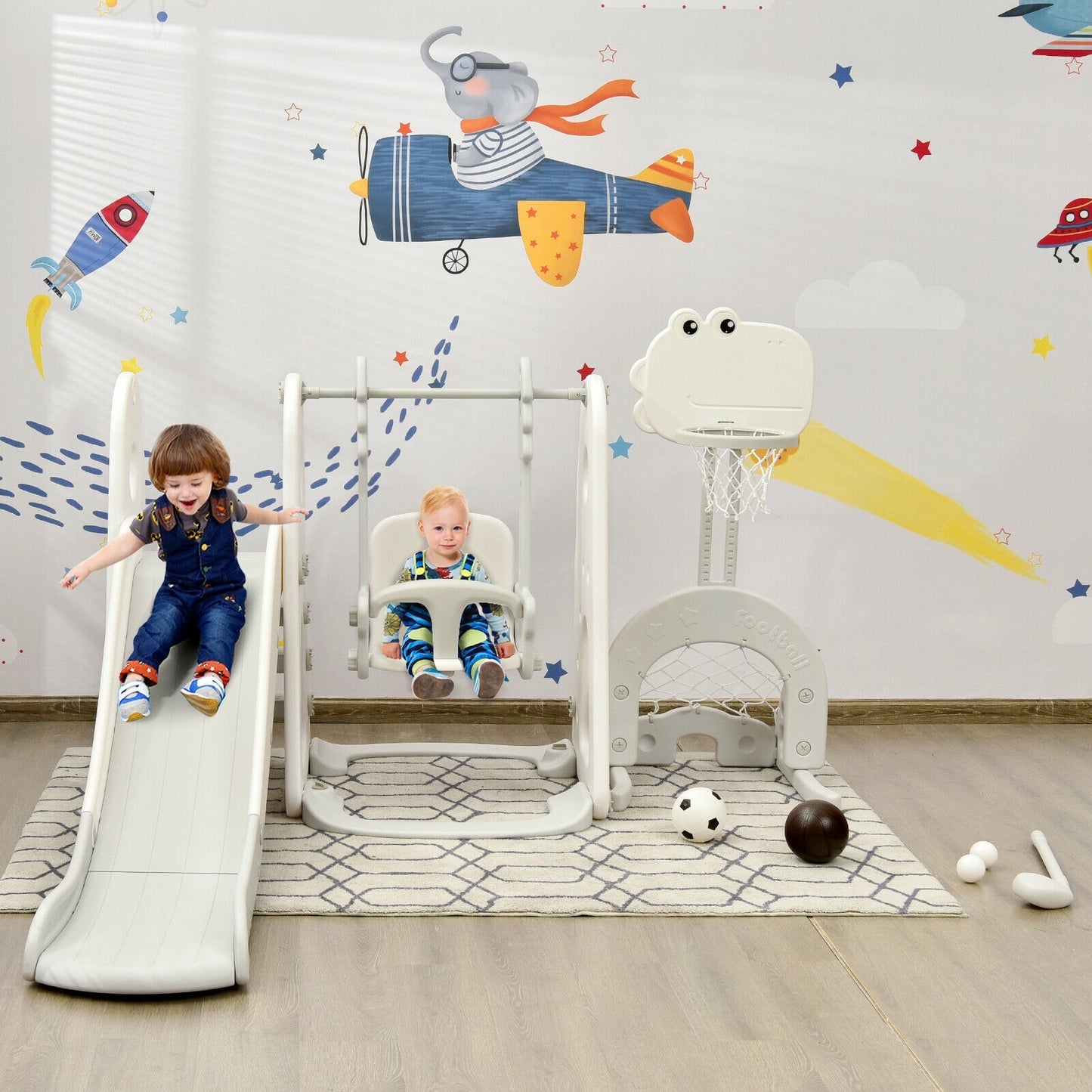 6 in 1 Toddler Slide and Swing Set with Ball Games-White Kids Crystal