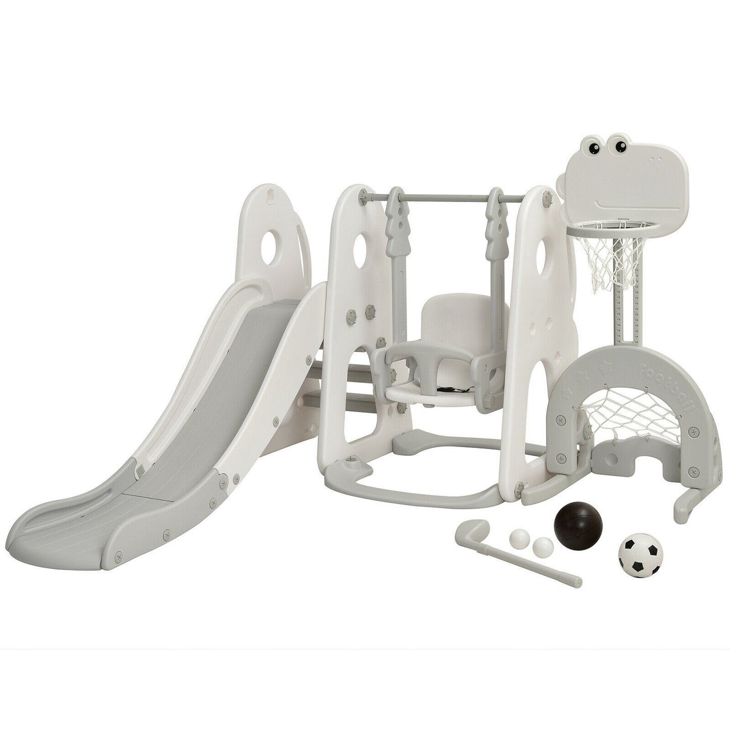 6 in 1 Toddler Slide and Swing Set with Ball Games-White Kids Crystal