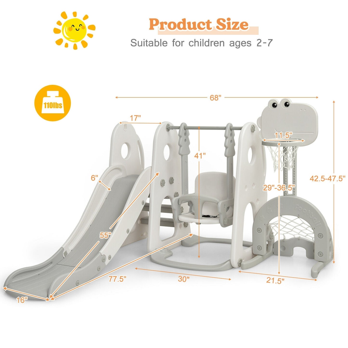 6 in 1 Toddler Slide and Swing Set with Ball Games-White Kids Crystal
