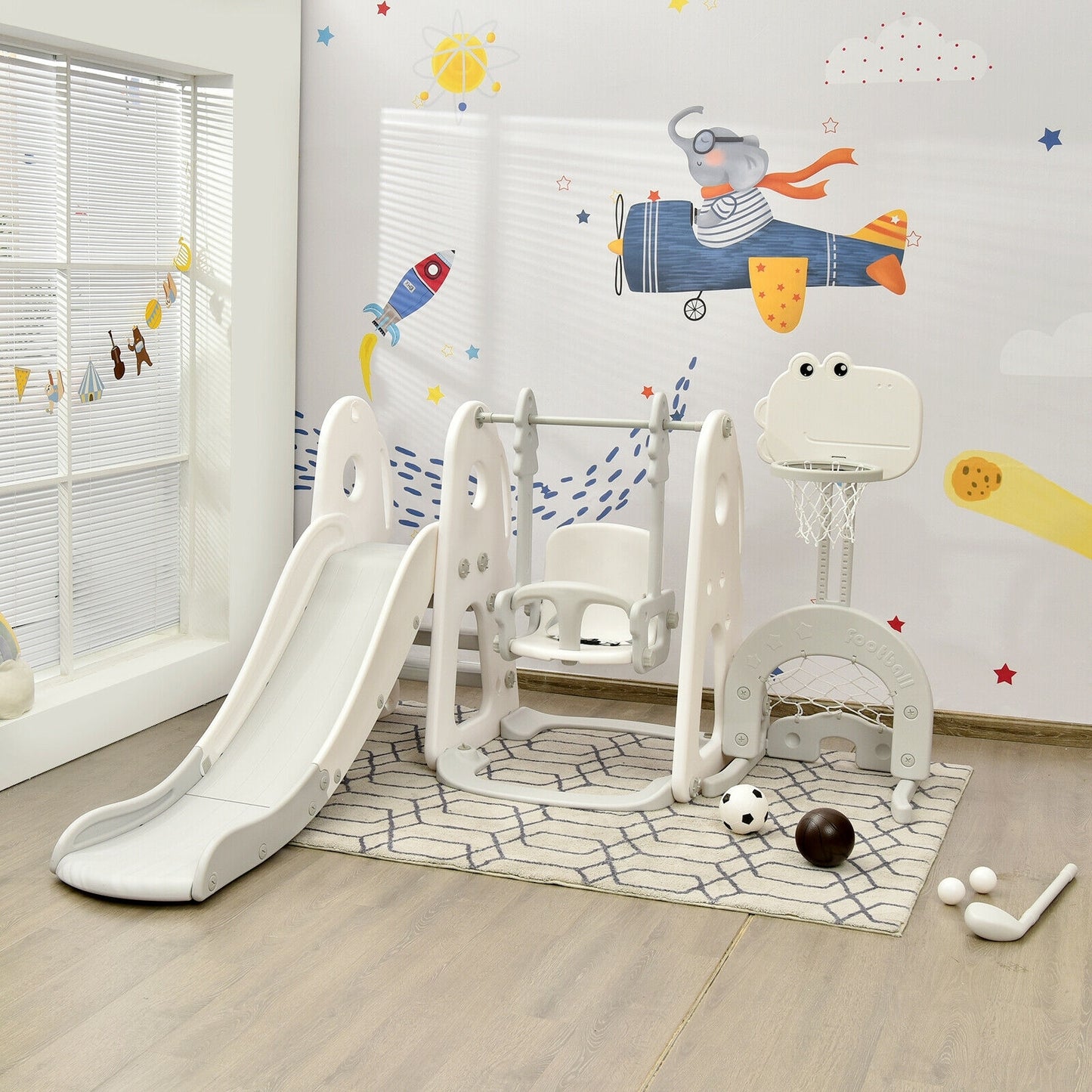 6 in 1 Toddler Slide and Swing Set with Ball Games-White Kids Crystal
