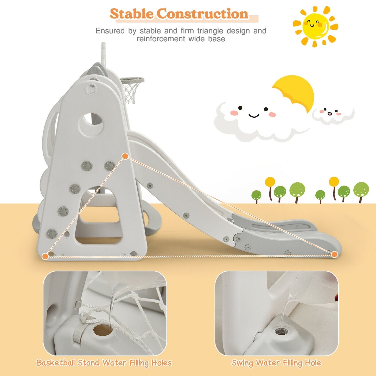 6 in 1 Toddler Slide and Swing Set with Ball Games-White Kids Crystal