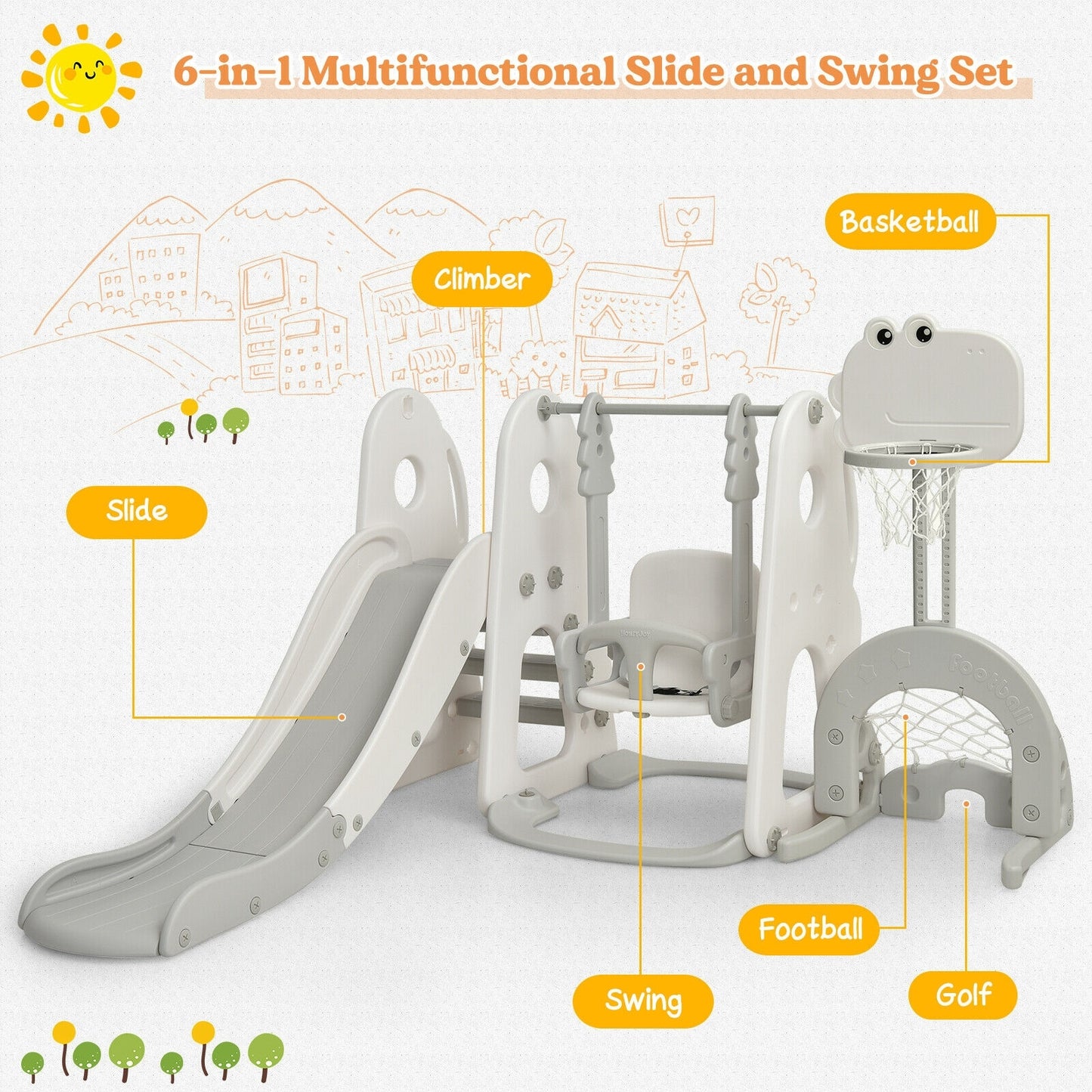 6 in 1 Toddler Slide and Swing Set with Ball Games-White Kids Crystal