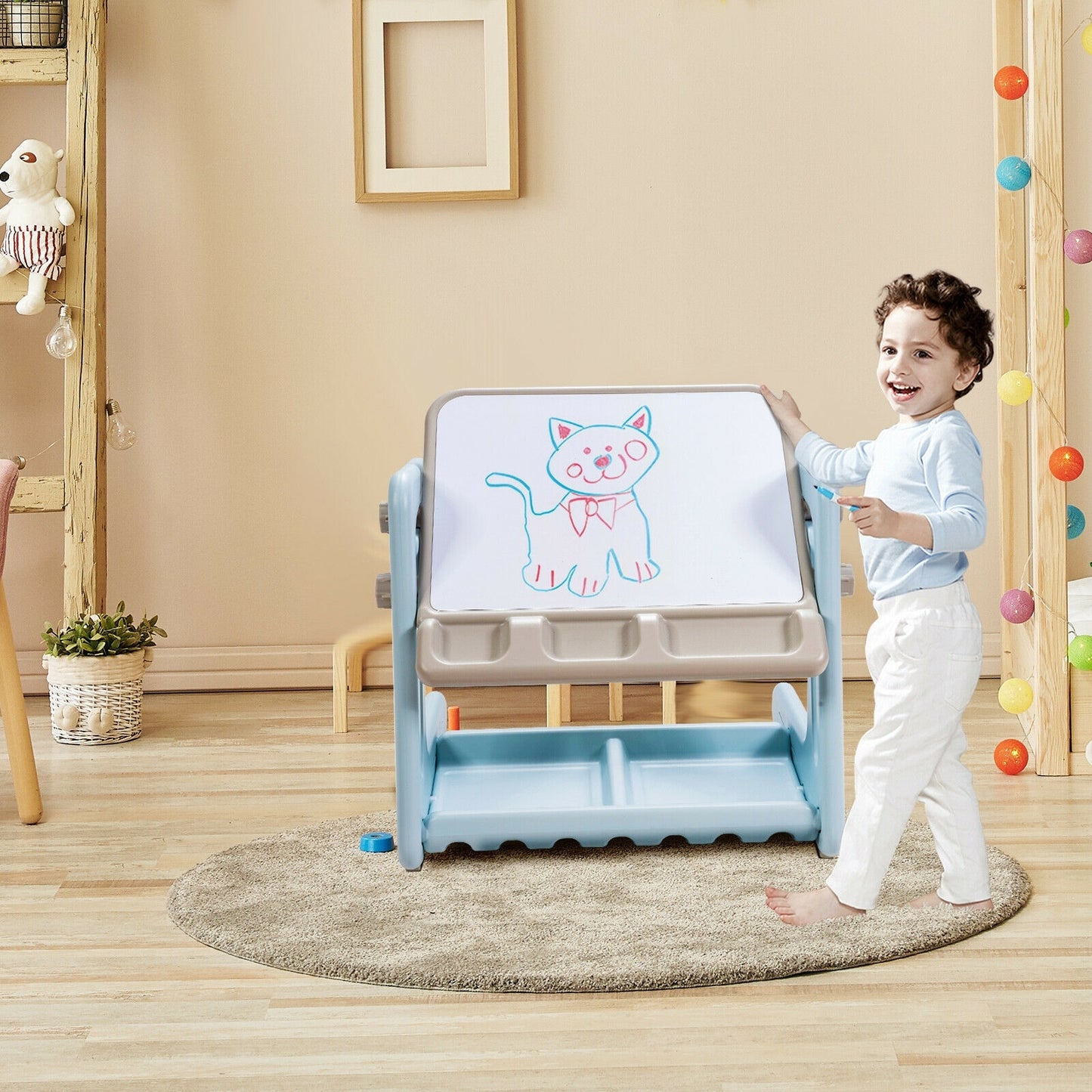 2 in 1 Kids Easel Table and Chair Set with Adjustable Art Painting Board-Blue Kids Crystal