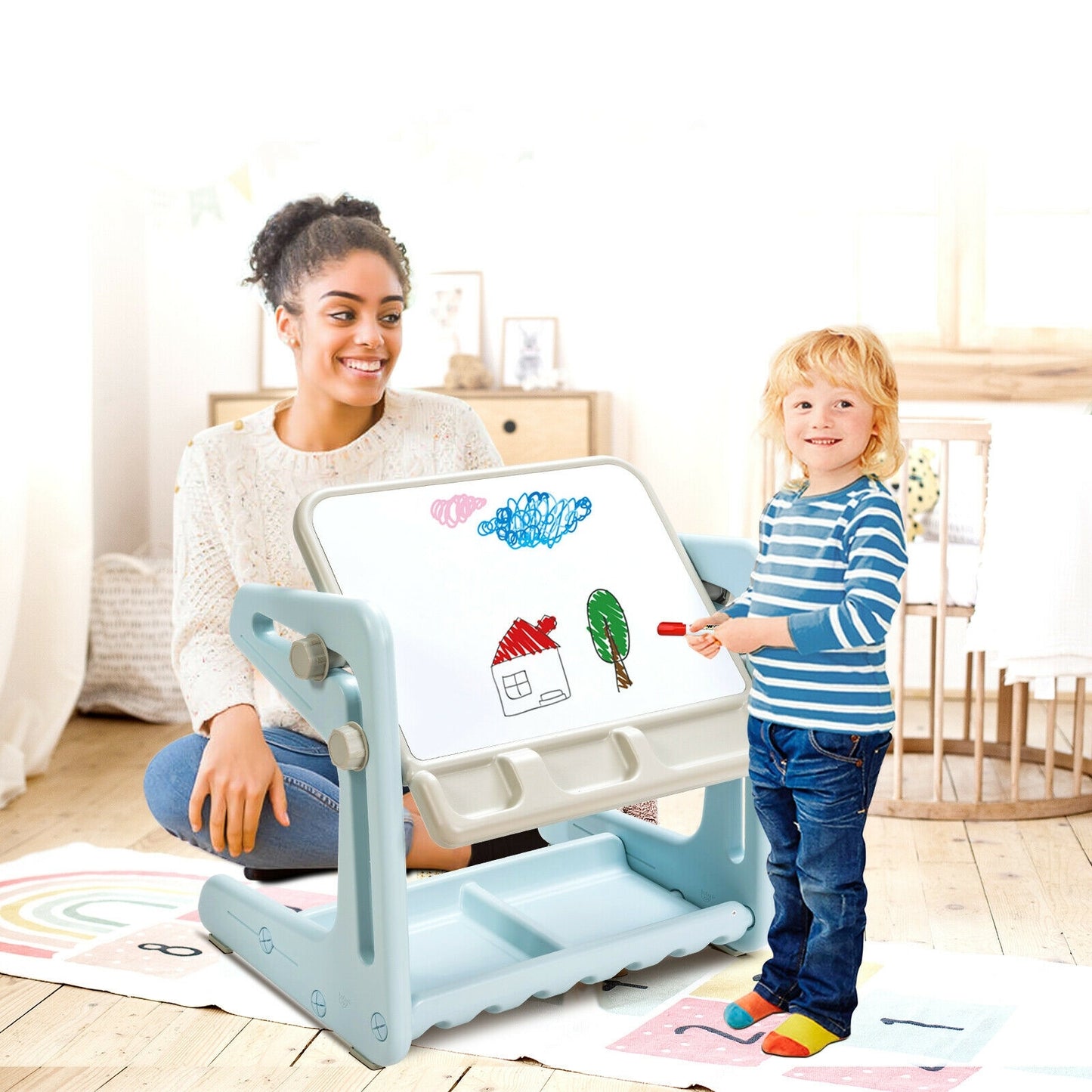 2 in 1 Kids Easel Table and Chair Set with Adjustable Art Painting Board-Blue Kids Crystal