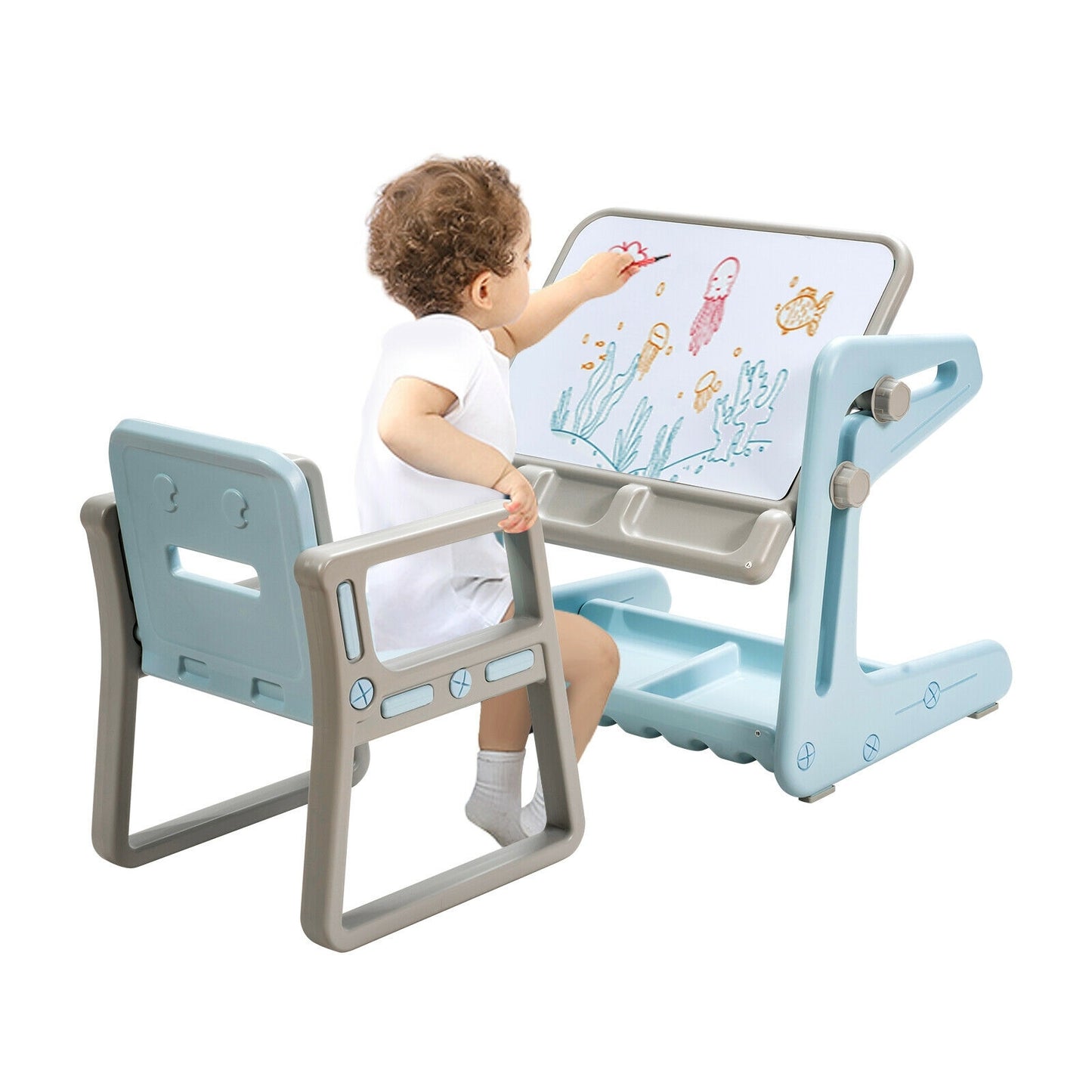 2 in 1 Kids Easel Table and Chair Set with Adjustable Art Painting Board-Blue Kids Crystal