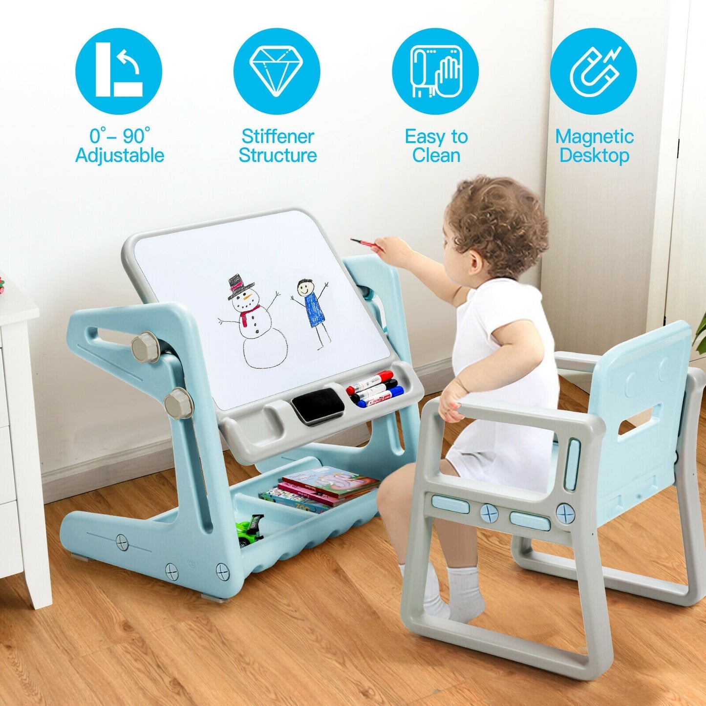 2 in 1 Kids Easel Table and Chair Set with Adjustable Art Painting Board-Blue Kids Crystal