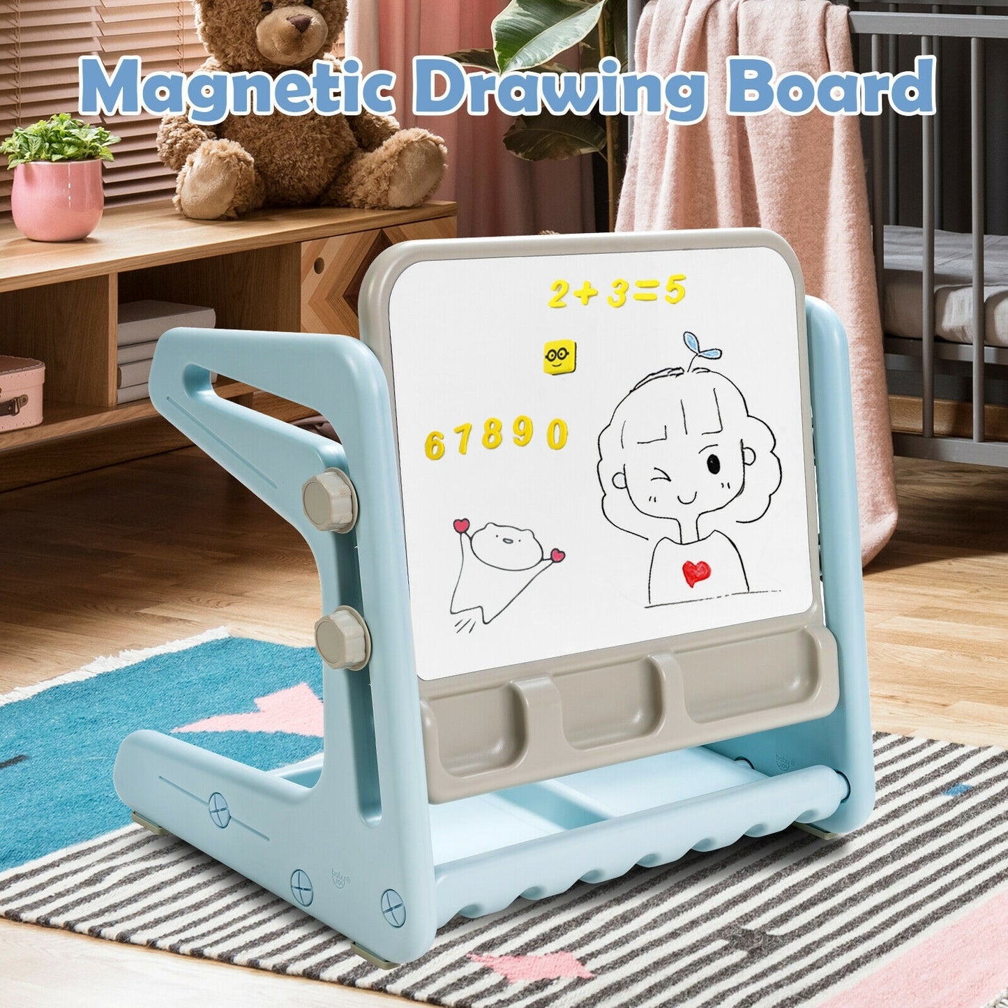 2 in 1 Kids Easel Table and Chair Set with Adjustable Art Painting Board-Blue Kids Crystal
