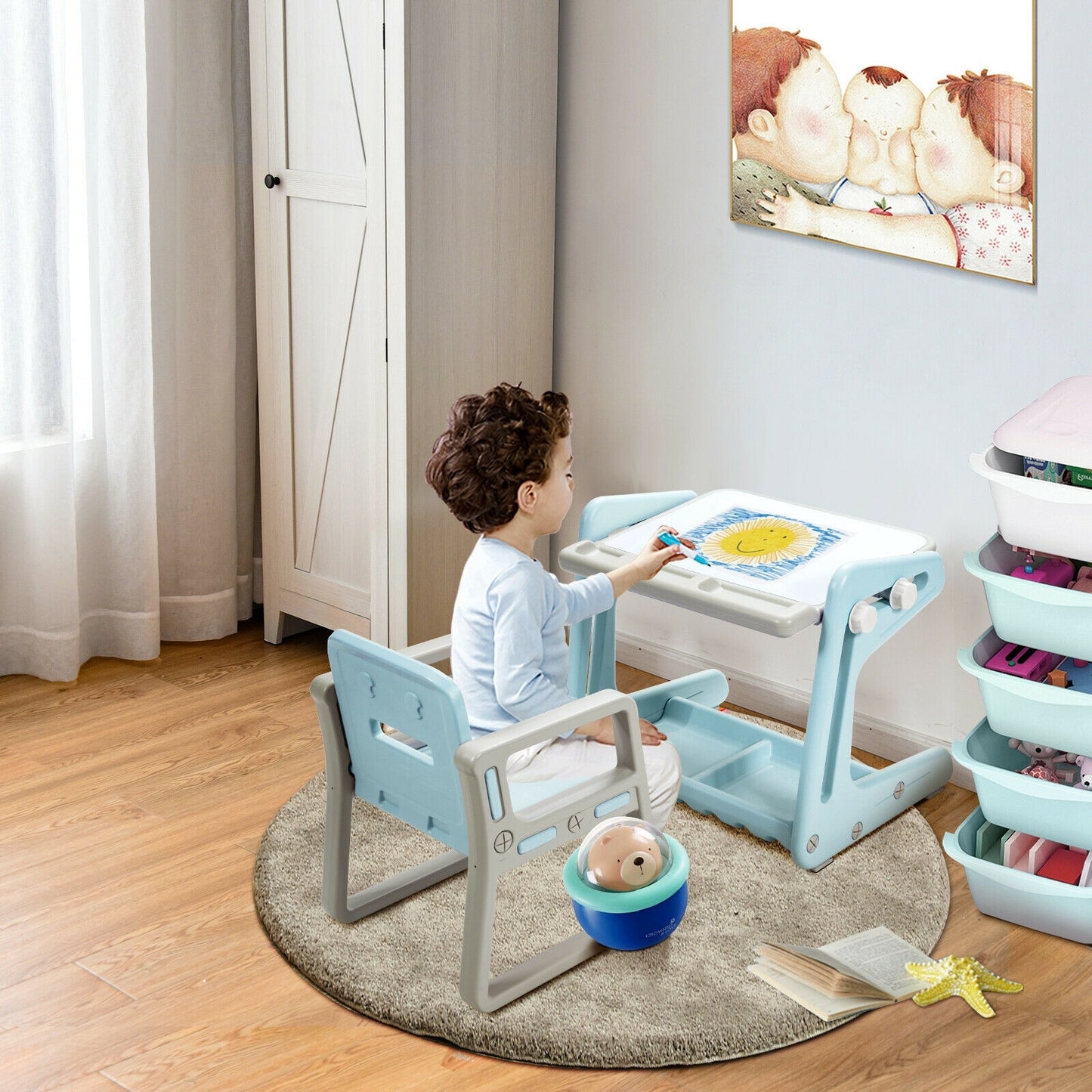 2 in 1 Kids Easel Table and Chair Set with Adjustable Art Painting Board-Blue Kids Crystal
