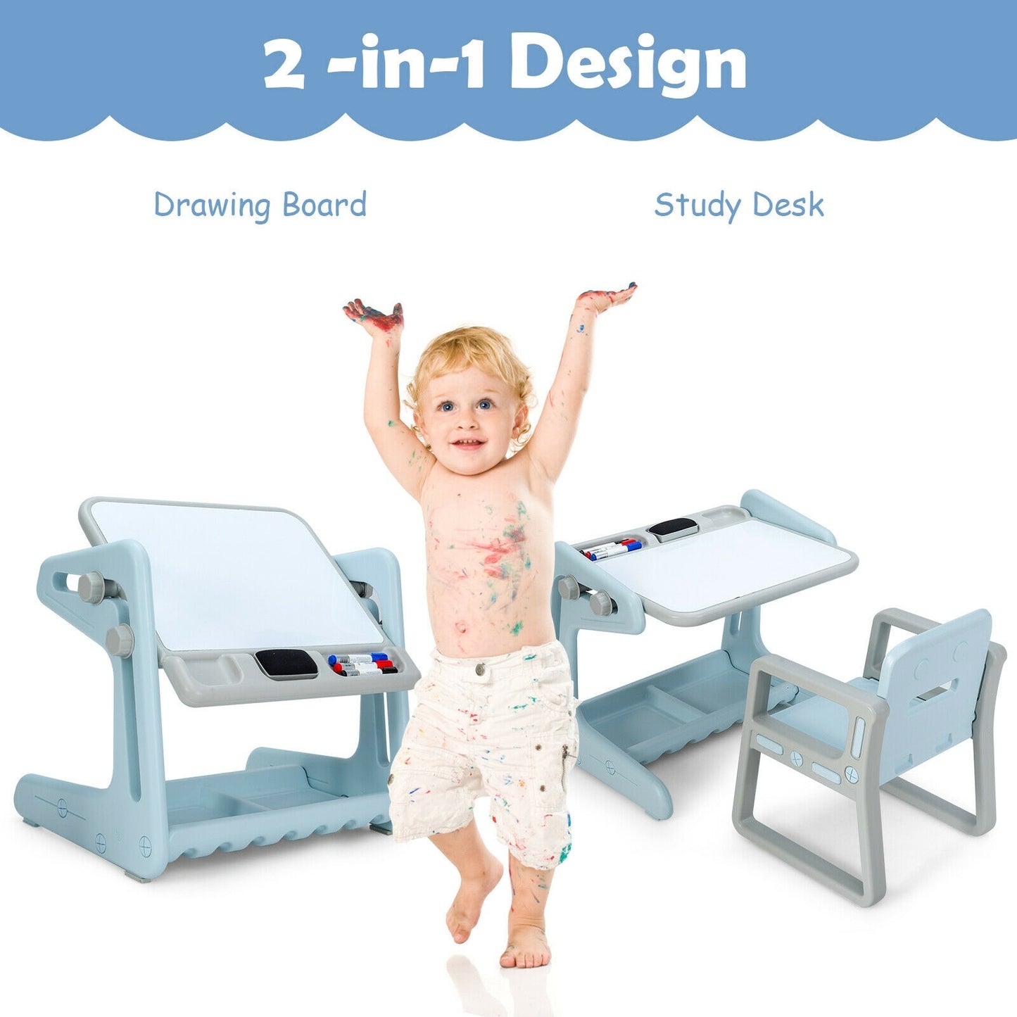 2 in 1 Kids Easel Table and Chair Set with Adjustable Art Painting Board-Blue Kids Crystal