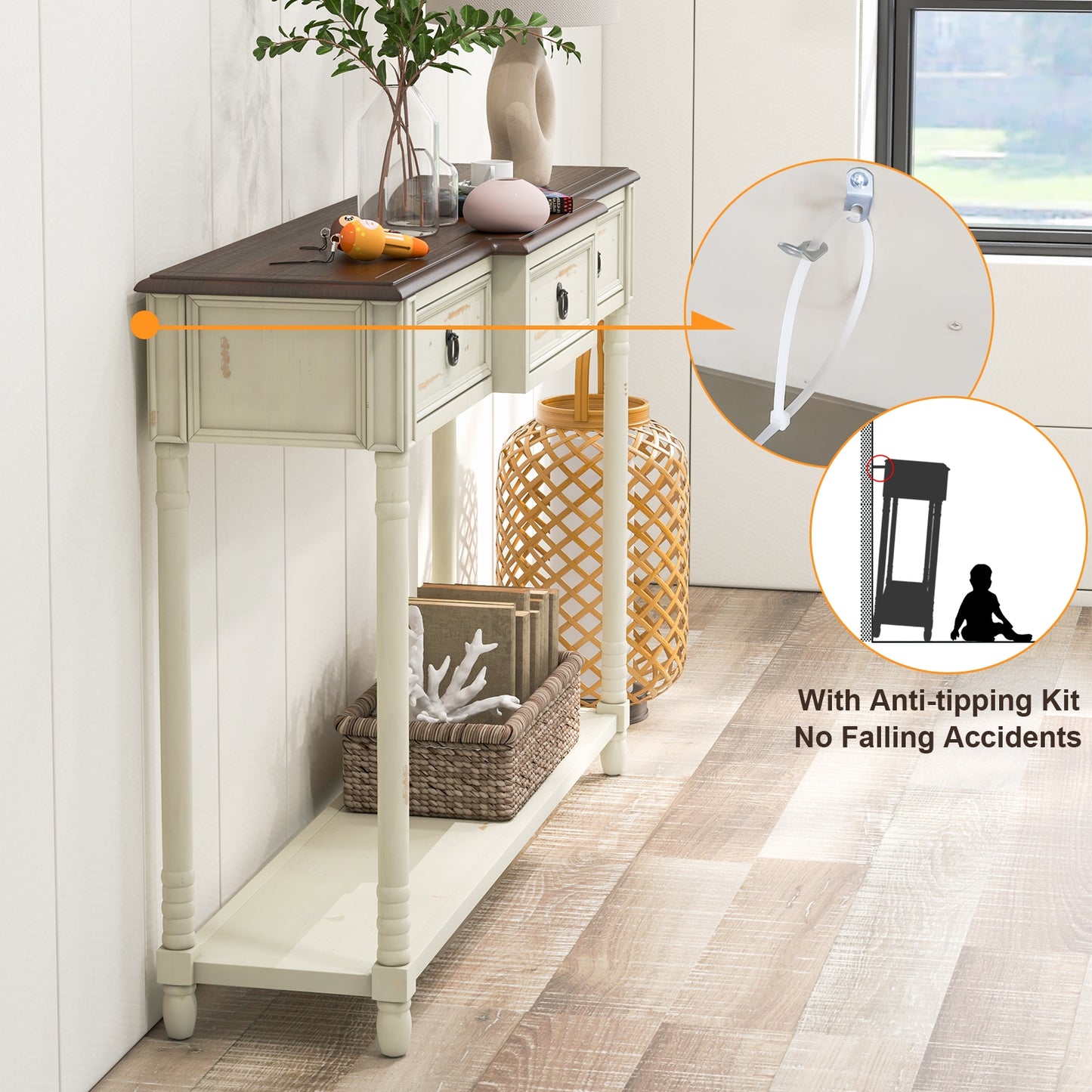 52 Inch Farmhouse Console Table with 3 Drawers and Open Storage Shelf for Hallway Kids Crystal