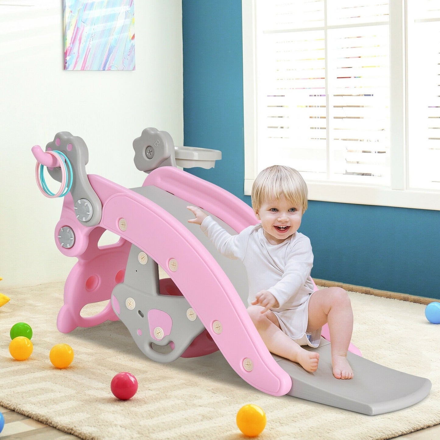 4-in-1 Toddler Slide and Rocking Horse Playset with Basketball Hoop-Pink Kids Crystal