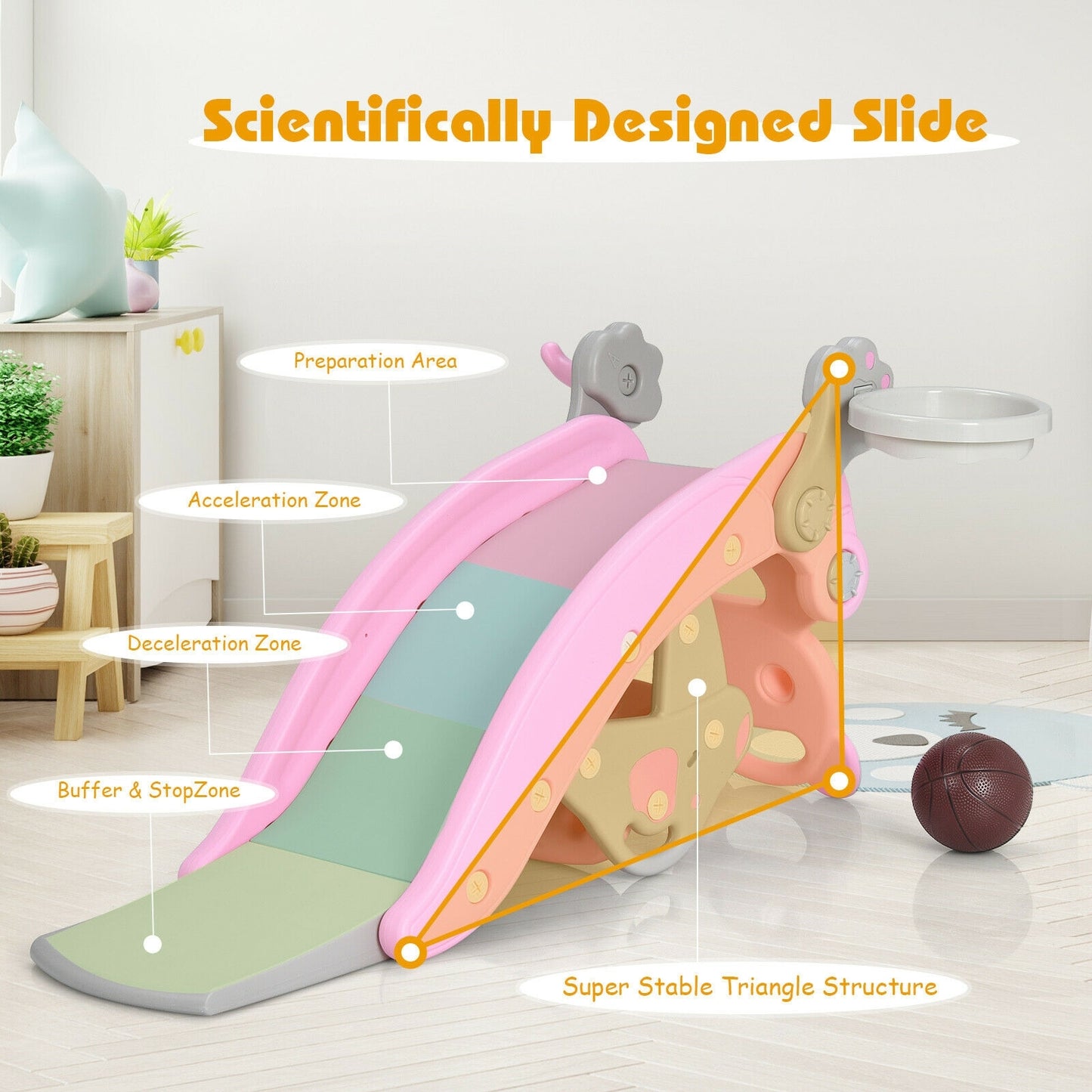 4-in-1 Toddler Slide and Rocking Horse Playset with Basketball Hoop-Pink Kids Crystal