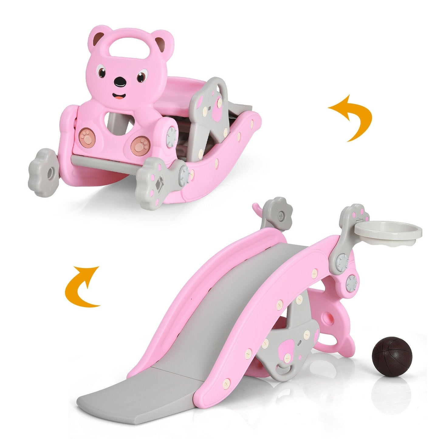 4-in-1 Toddler Slide and Rocking Horse Playset with Basketball Hoop-Pink Kids Crystal