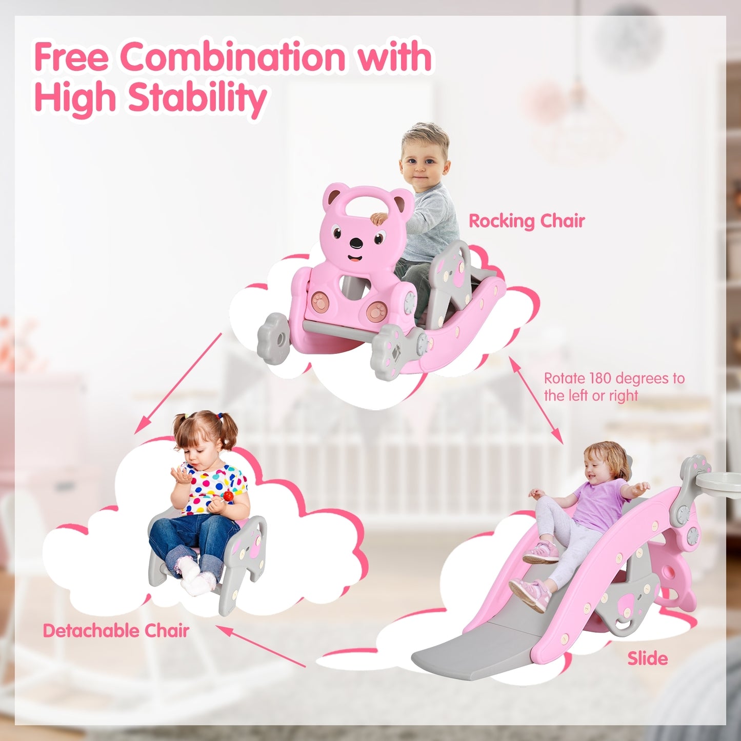 4-in-1 Toddler Slide and Rocking Horse Playset with Basketball Hoop-Pink Kids Crystal
