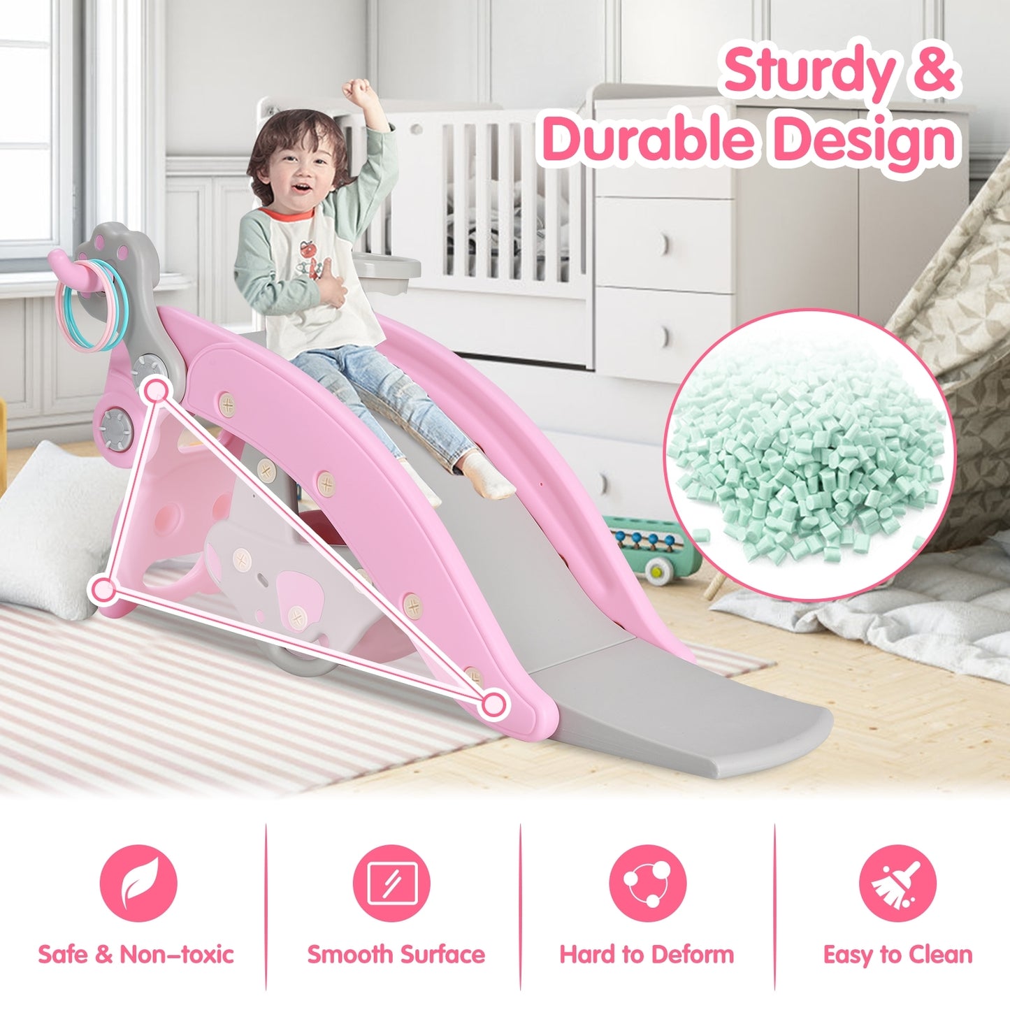 4-in-1 Toddler Slide and Rocking Horse Playset with Basketball Hoop-Pink Kids Crystal