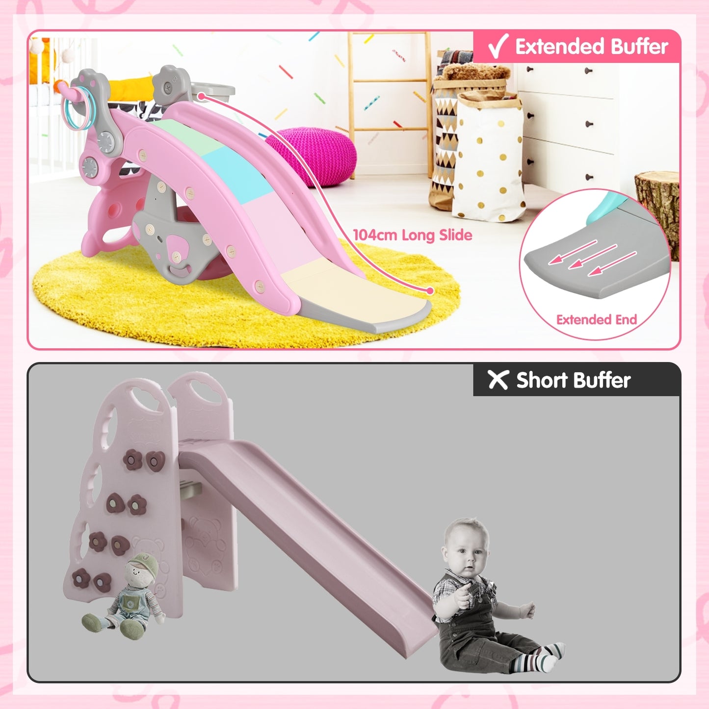 4-in-1 Toddler Slide and Rocking Horse Playset with Basketball Hoop-Pink Kids Crystal